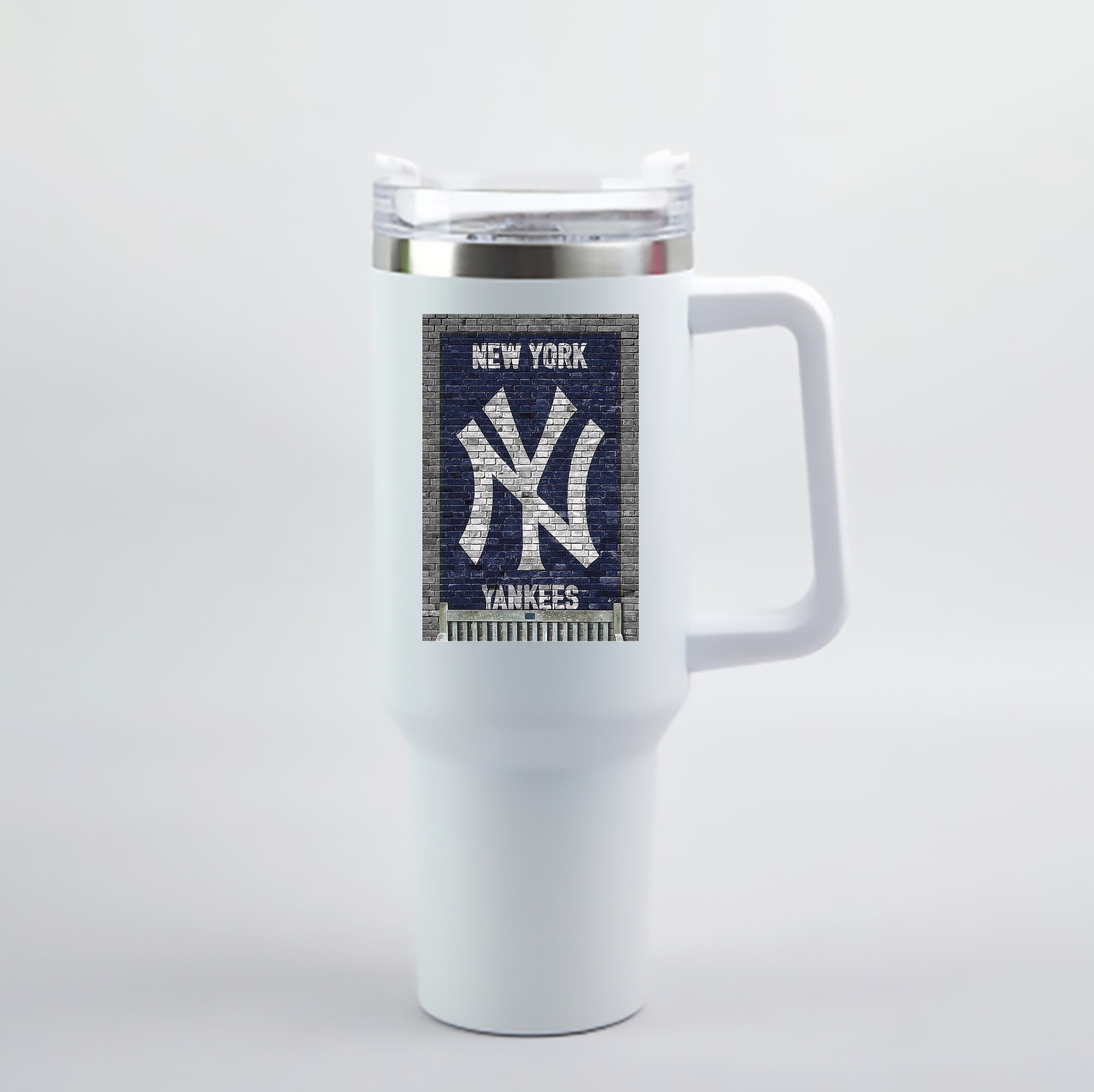 New York Yankees Wall Background 40oz Handle Car Cup With Crystal Sticker Design – Durable Stainless Steel Travel Mug With Reusable Straw – Double Wall Insulated