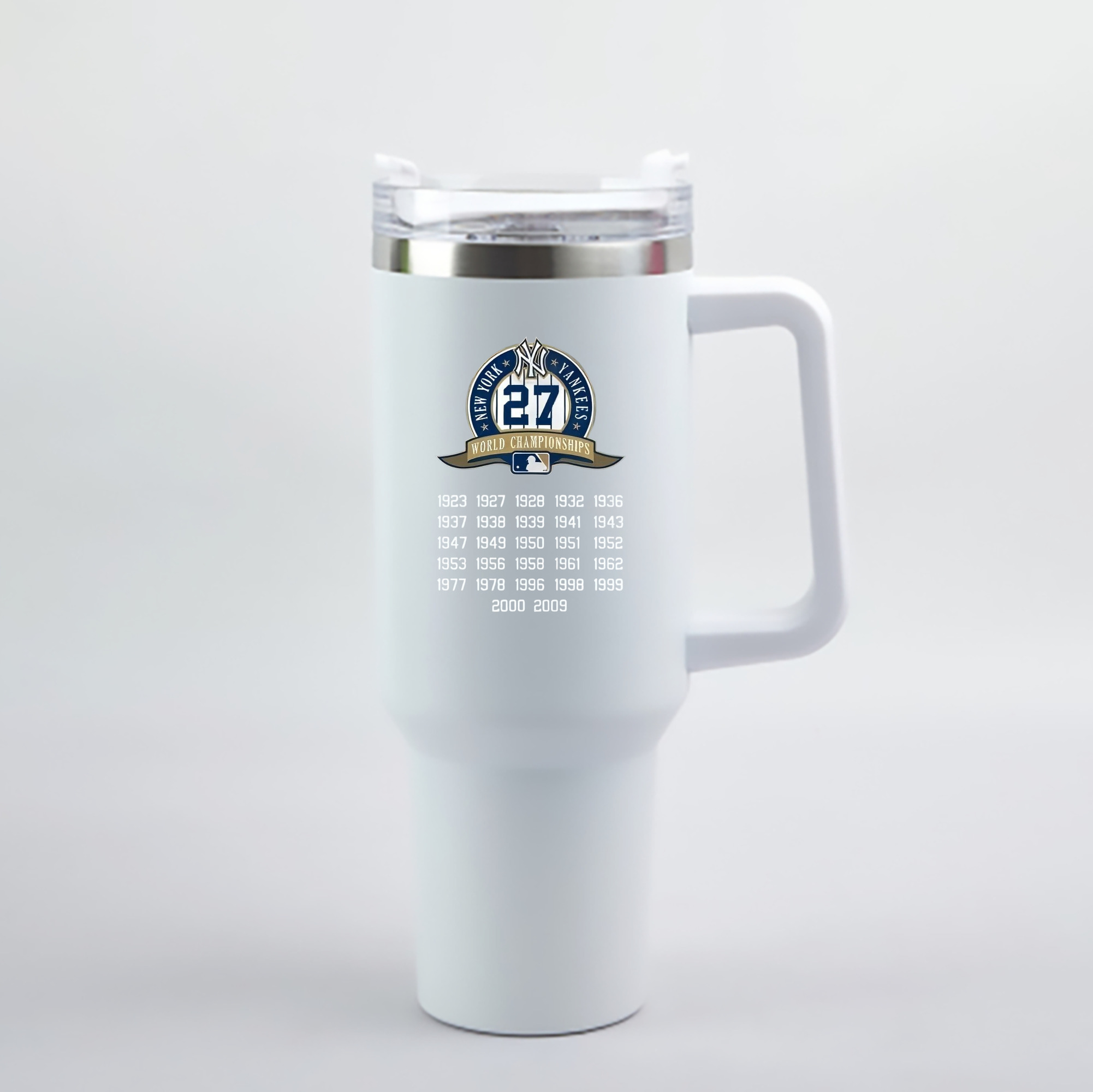 New York Yankees 27 WS Championships 40oz Handle Car Cup With Crystal Sticker Design – Durable Stainless Steel Travel Mug With Reusable Straw – Double Wall Insulated