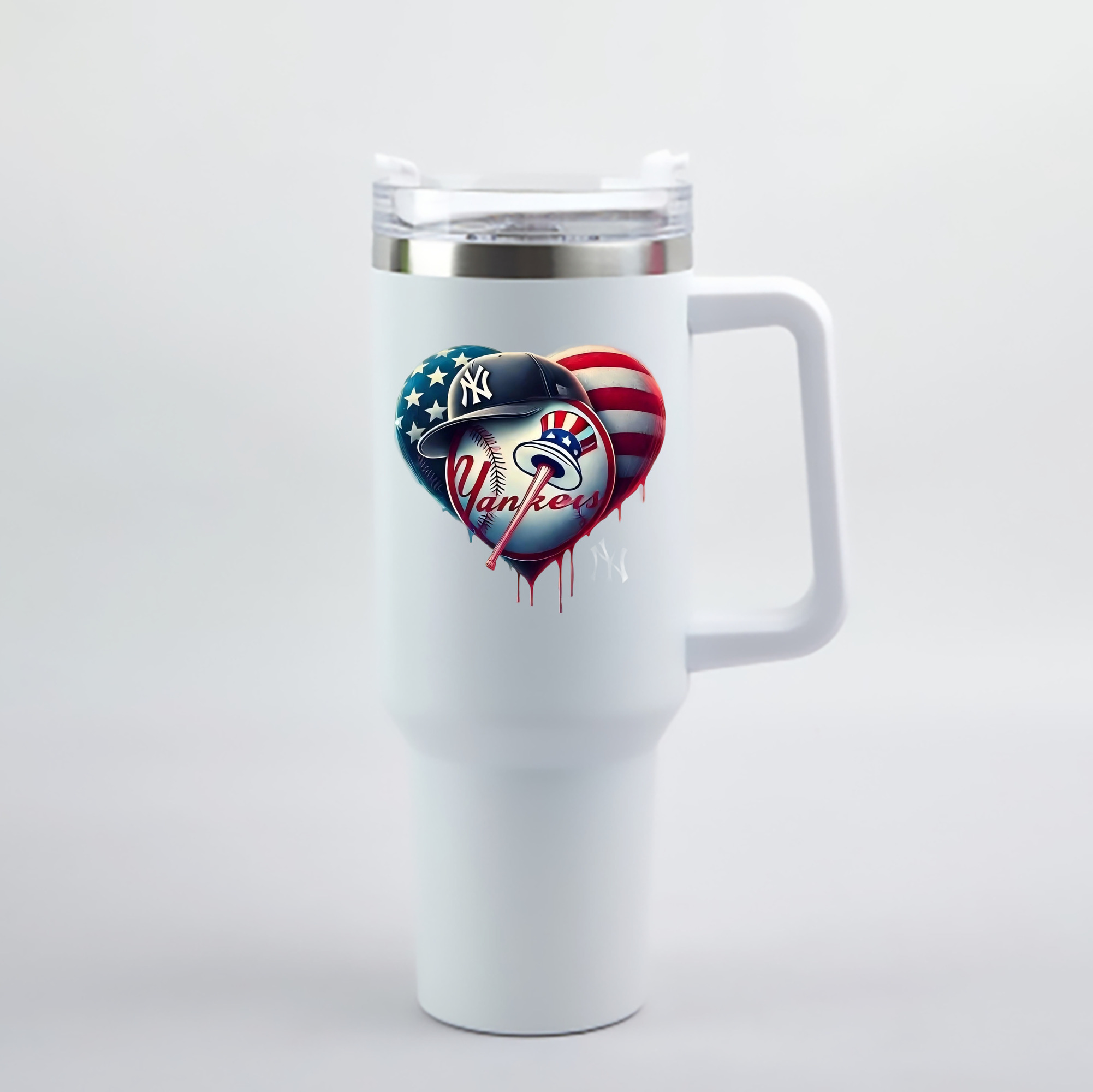 New York Yankees Heart 40oz Handle Car Cup With Crystal Sticker Design – Durable Stainless Steel Travel Mug With Reusable Straw – Double Wall Insulated