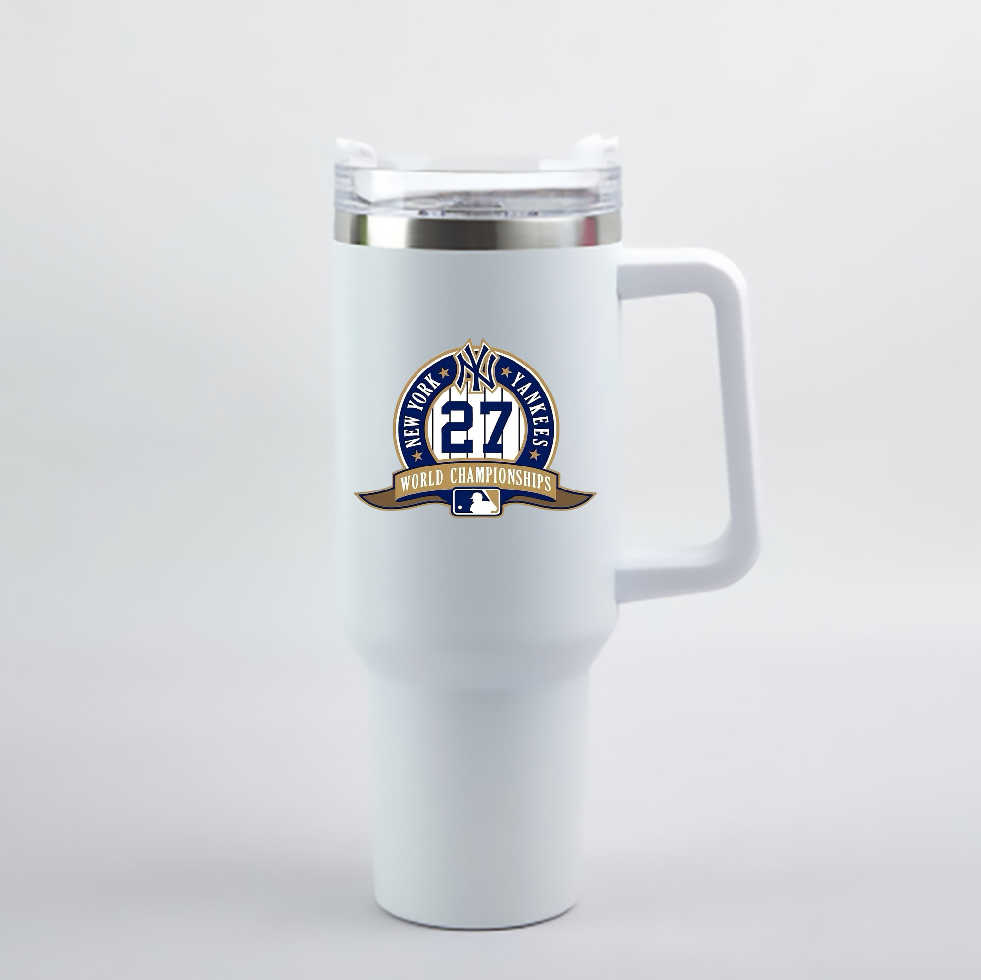 New York Yankees 27 World Championships 40oz Handle Car Cup With Crystal Sticker Design – Durable Stainless Steel Travel Mug With Reusable Straw – Double Wall Insulated