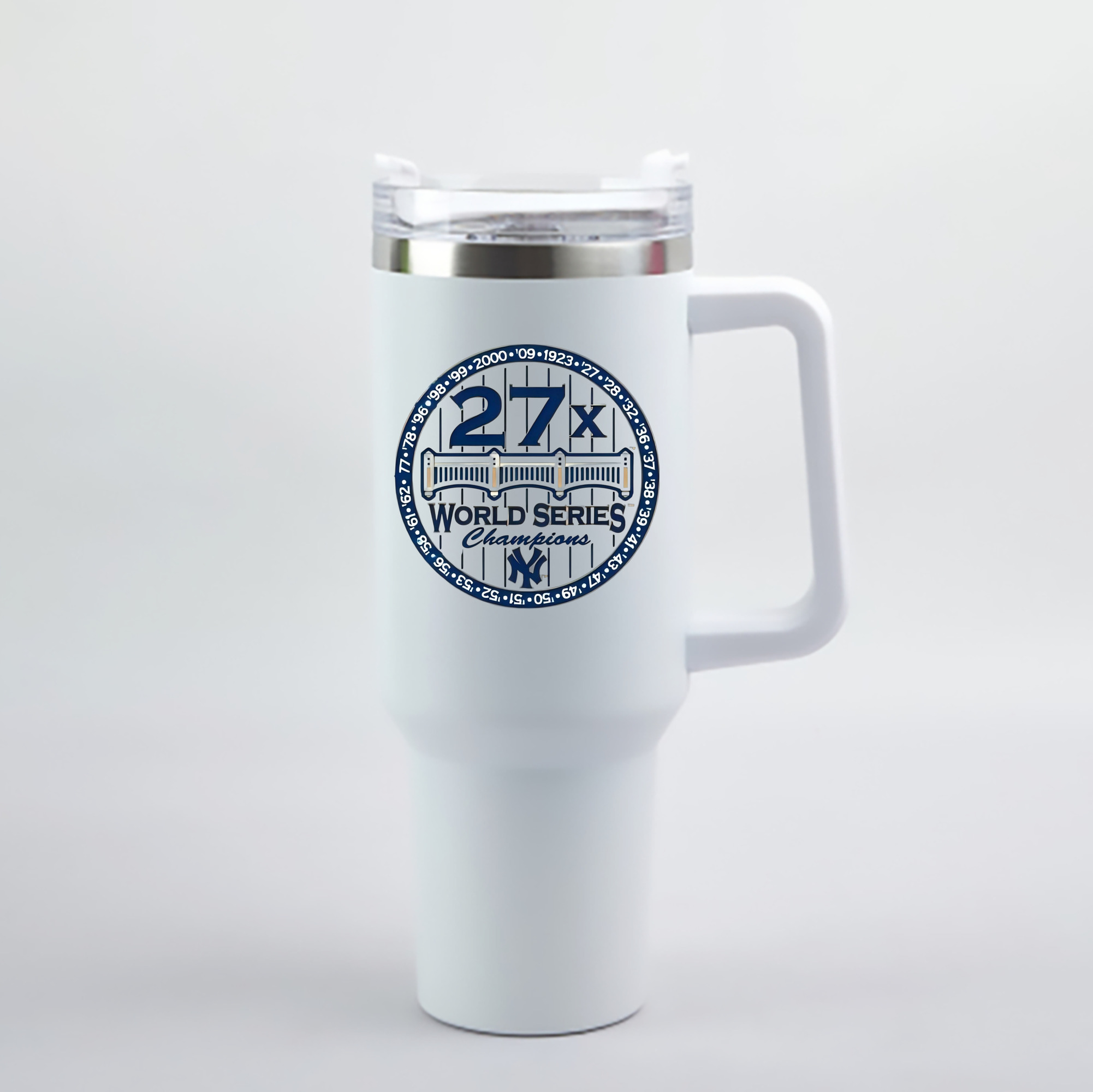 New York Yankees 27X WS Champions 40oz Handle Car Cup With Crystal Sticker Design – Durable Stainless Steel Travel Mug With Reusable Straw – Double Wall Insulated