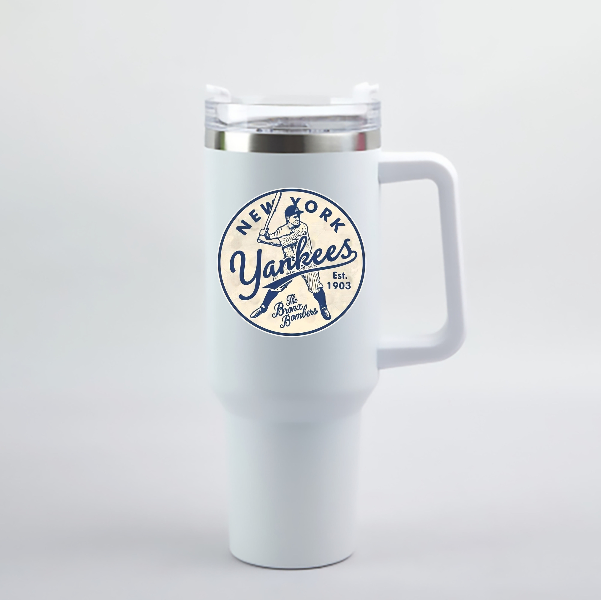 New York Yankees The Bronx Bombers Estd 1903 40oz Handle Car Cup With Crystal Sticker Design – Durable Stainless Steel Travel Mug With Reusable Straw – Double Wall Insulated
