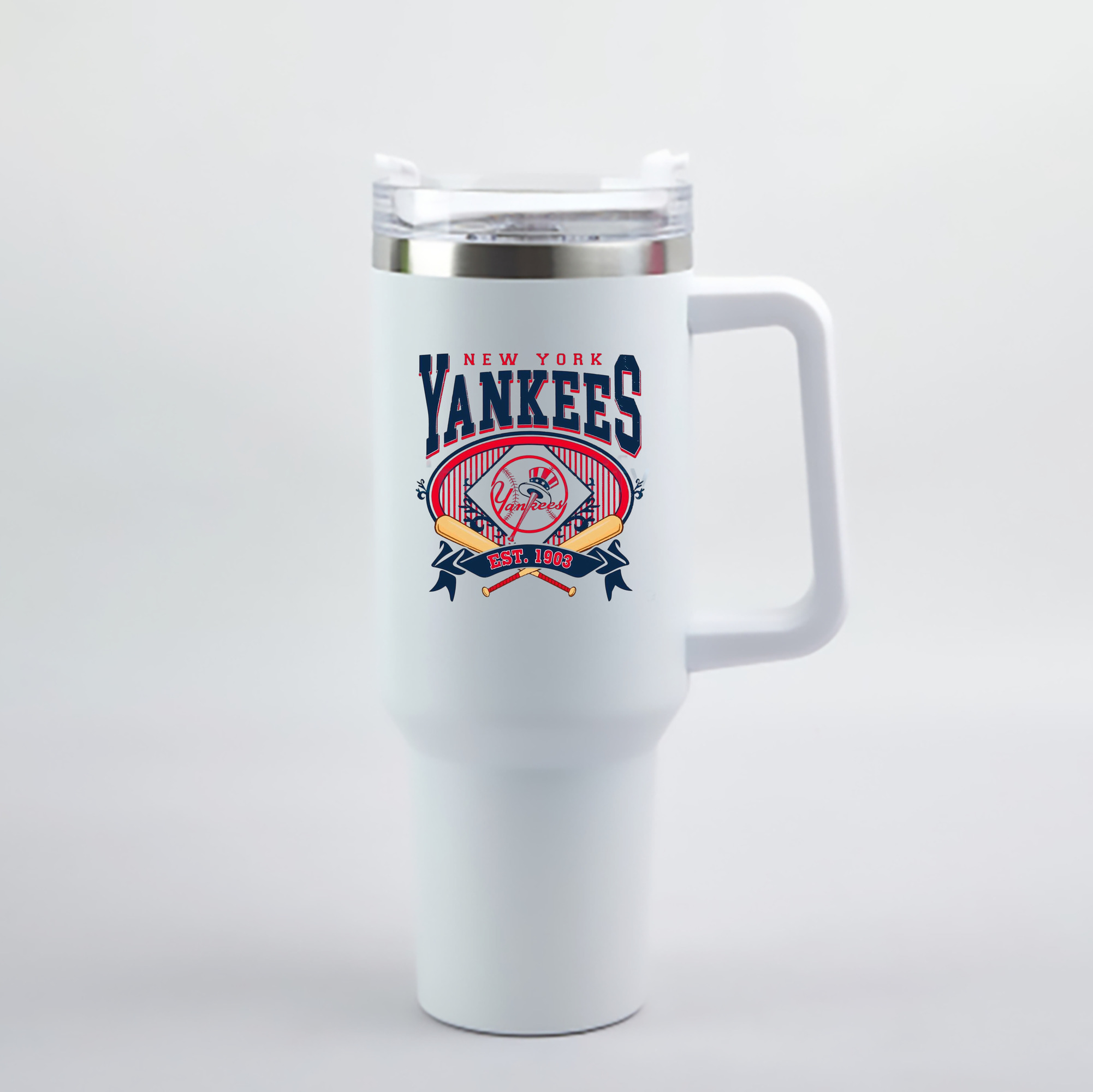 New York Yankees Vintage Est.1903 40oz Handle Car Cup With Crystal Sticker Design – Durable Stainless Steel Travel Mug With Reusable Straw – Double Wall Insulated