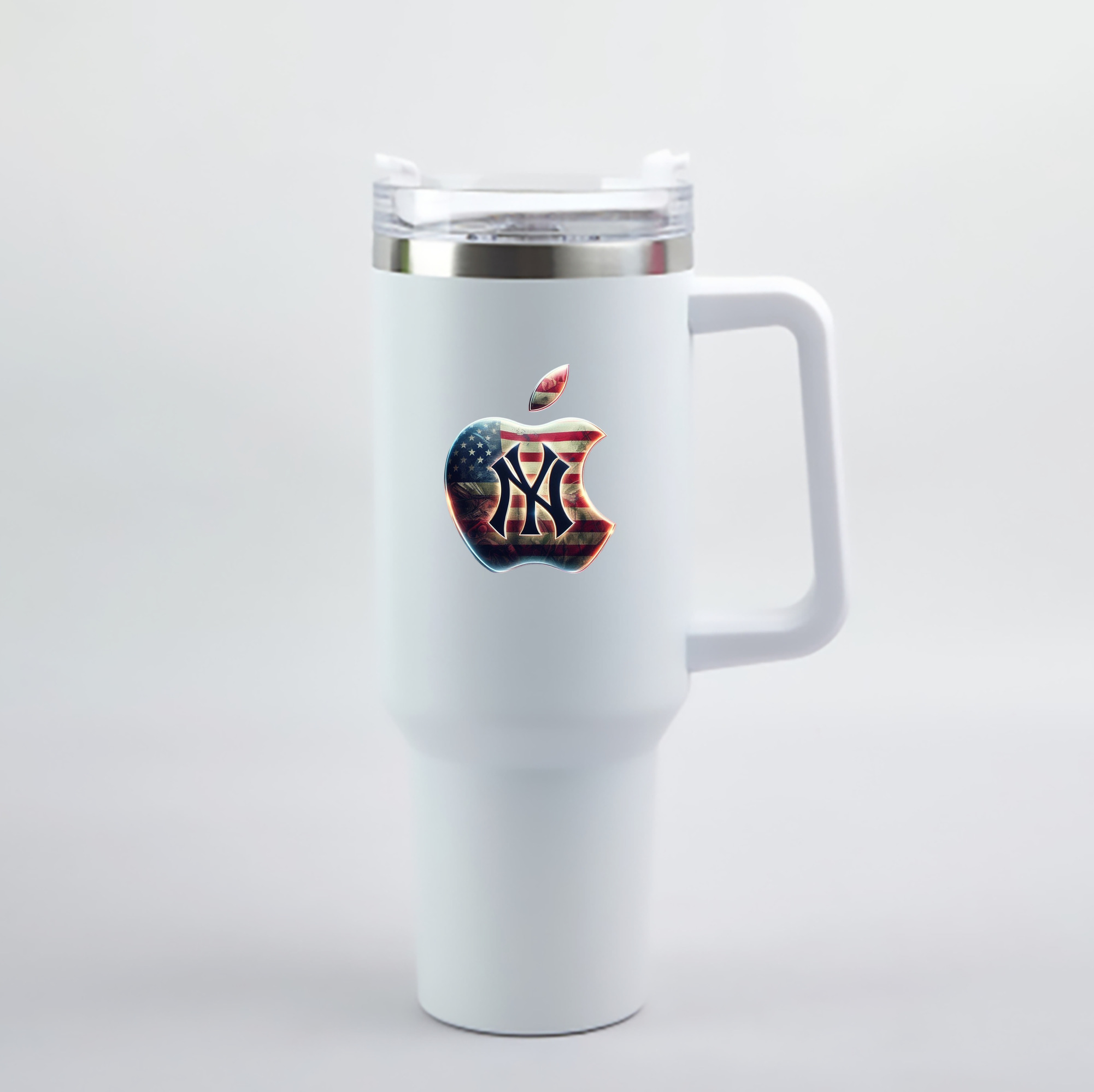 New York Yankees Apple US Flag 40oz Handle Car Cup With Crystal Sticker Design – Durable Stainless Steel Travel Mug With Reusable Straw – Double Wall Insulated