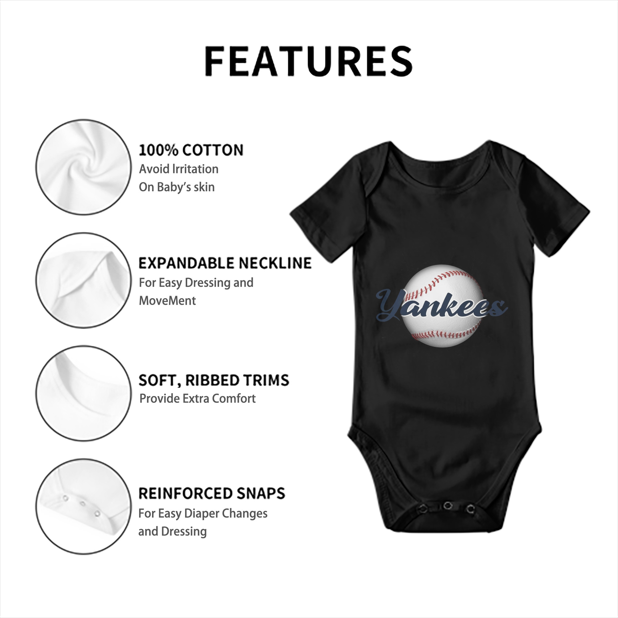 Yankees Baseball Wall And Art Baby Short Sleeve Romper – 100% Cotton Soft & Breathable Digital Print Onesie With Easy Snap Closure And Envelope Shoulder – Comfortable For Daily Wear & Travel