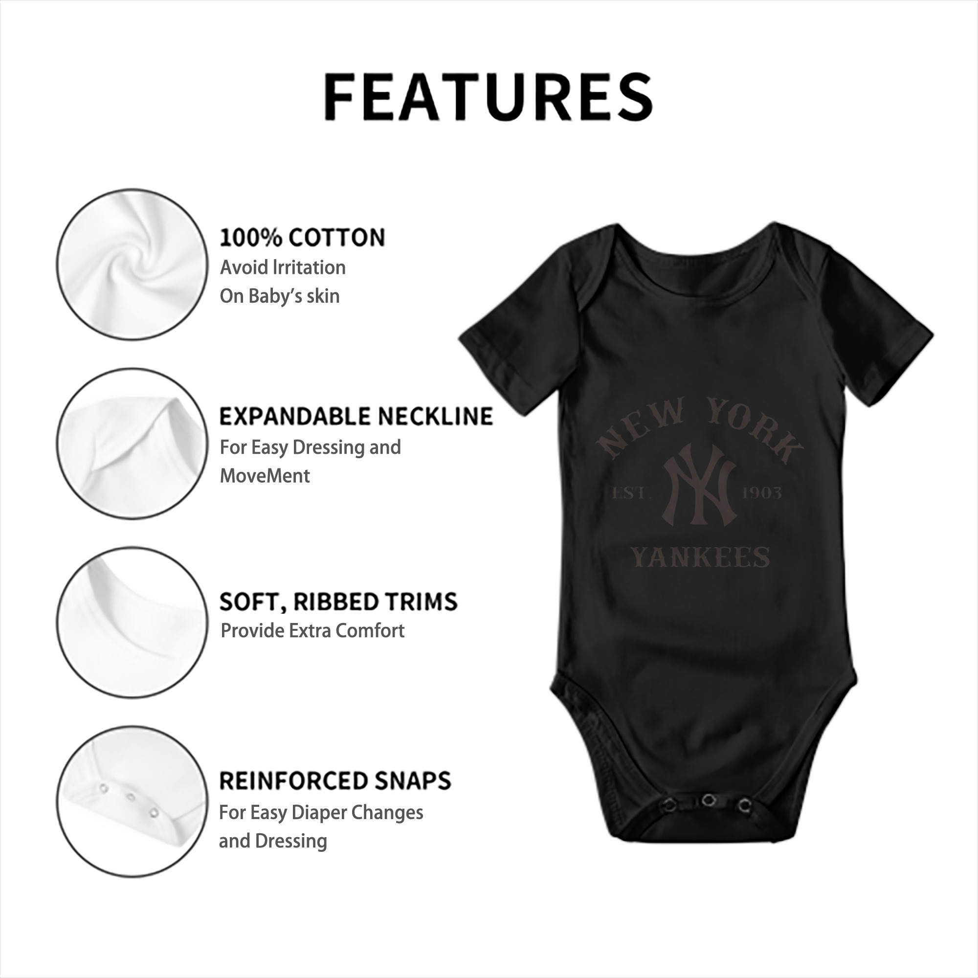 New York Yankees EST 1903 Baby Short Sleeve Romper – 100% Cotton Soft & Breathable Digital Print Onesie With Easy Snap Closure And Envelope Shoulder – Comfortable For Daily Wear & Travel