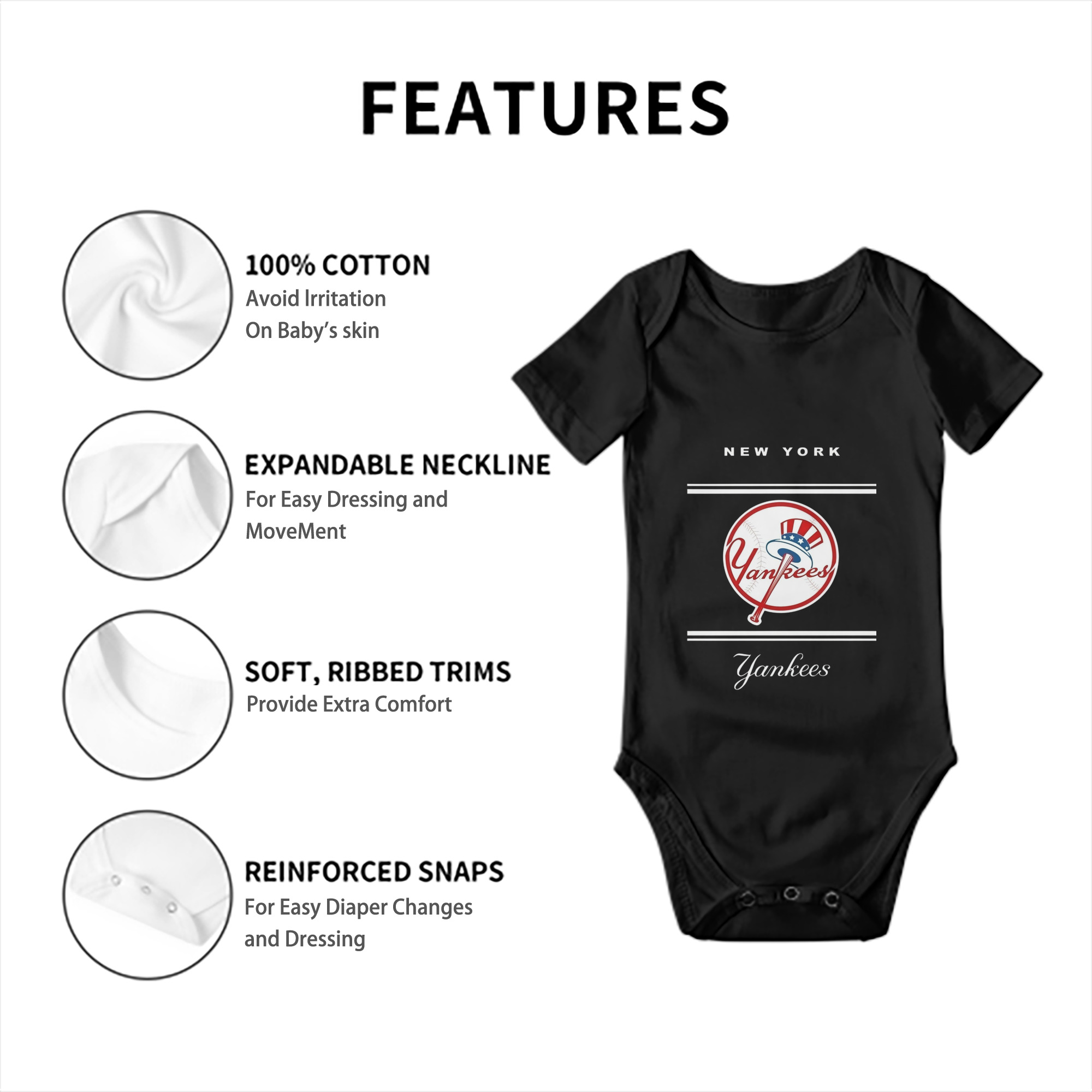 New York Yankees Logo Baby Short Sleeve Romper – 100% Cotton Soft & Breathable Digital Print Onesie With Easy Snap Closure And Envelope Shoulder – Comfortable For Daily Wear & Travel