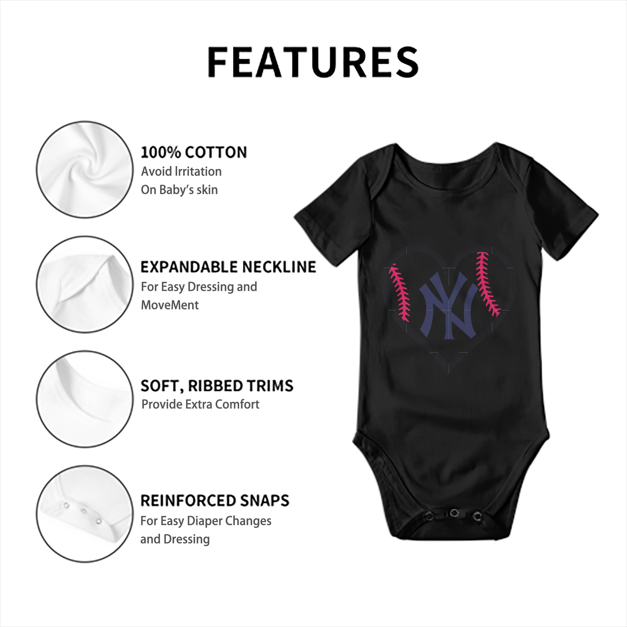 New York Yankees Heart Baby Short Sleeve Romper – 100% Cotton Soft & Breathable Digital Print Onesie With Easy Snap Closure And Envelope Shoulder – Comfortable For Daily Wear & Travel