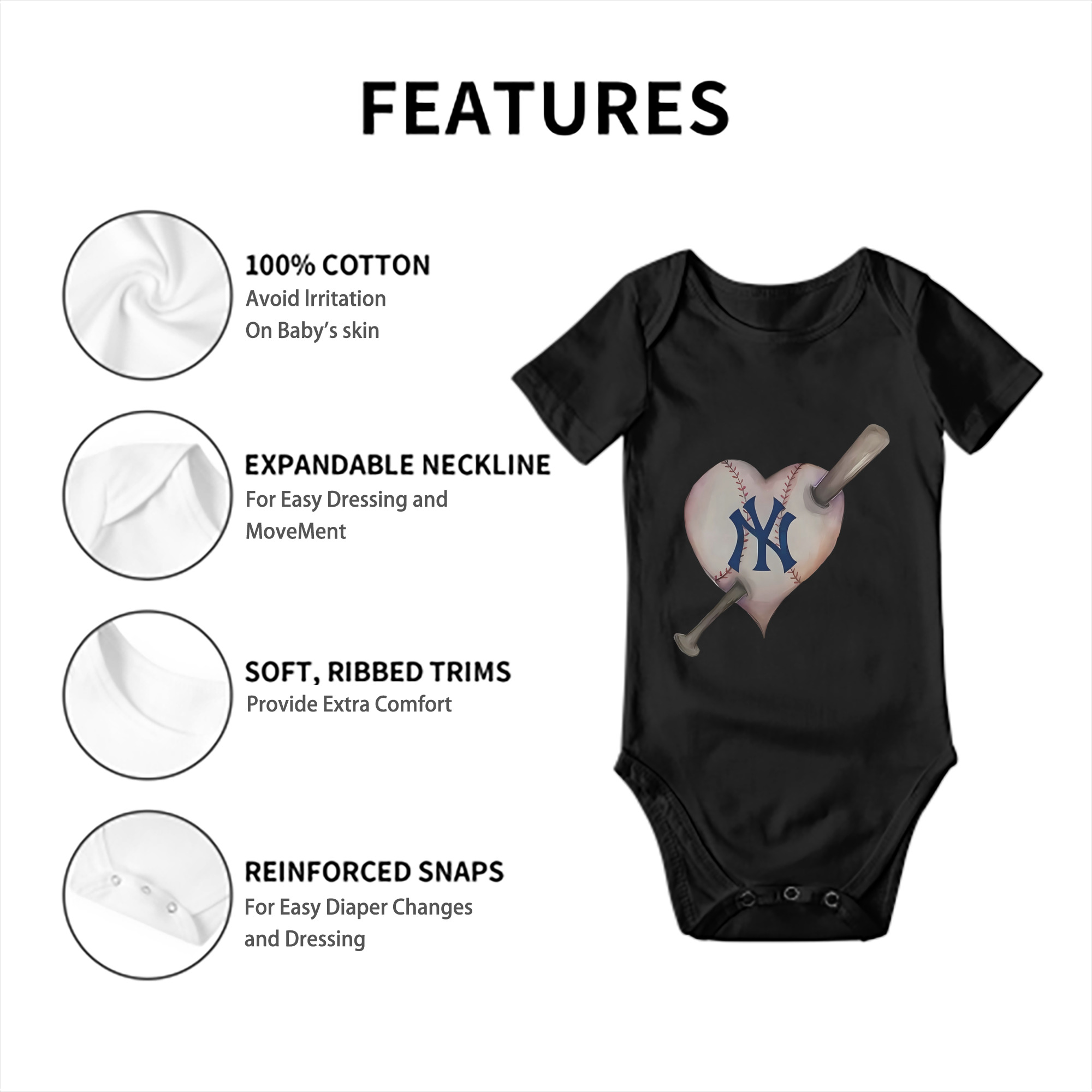 New York Yankees Heart Baby Short Sleeve Romper – 100% Cotton Soft & Breathable Digital Print Onesie With Easy Snap Closure And Envelope Shoulder – Comfortable For Daily Wear & Travel