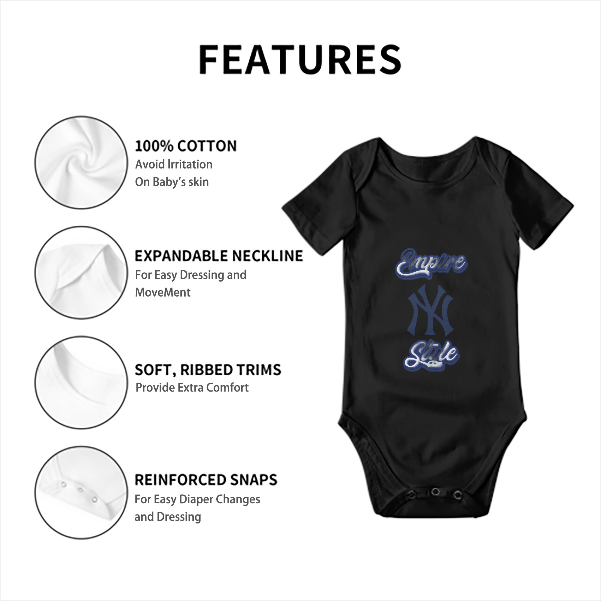 New York Yankees Empire Yankees Style Baby Short Sleeve Romper – 100% Cotton Soft & Breathable Digital Print Onesie With Easy Snap Closure And Envelope Shoulder – Comfortable For Daily Wear & Travel