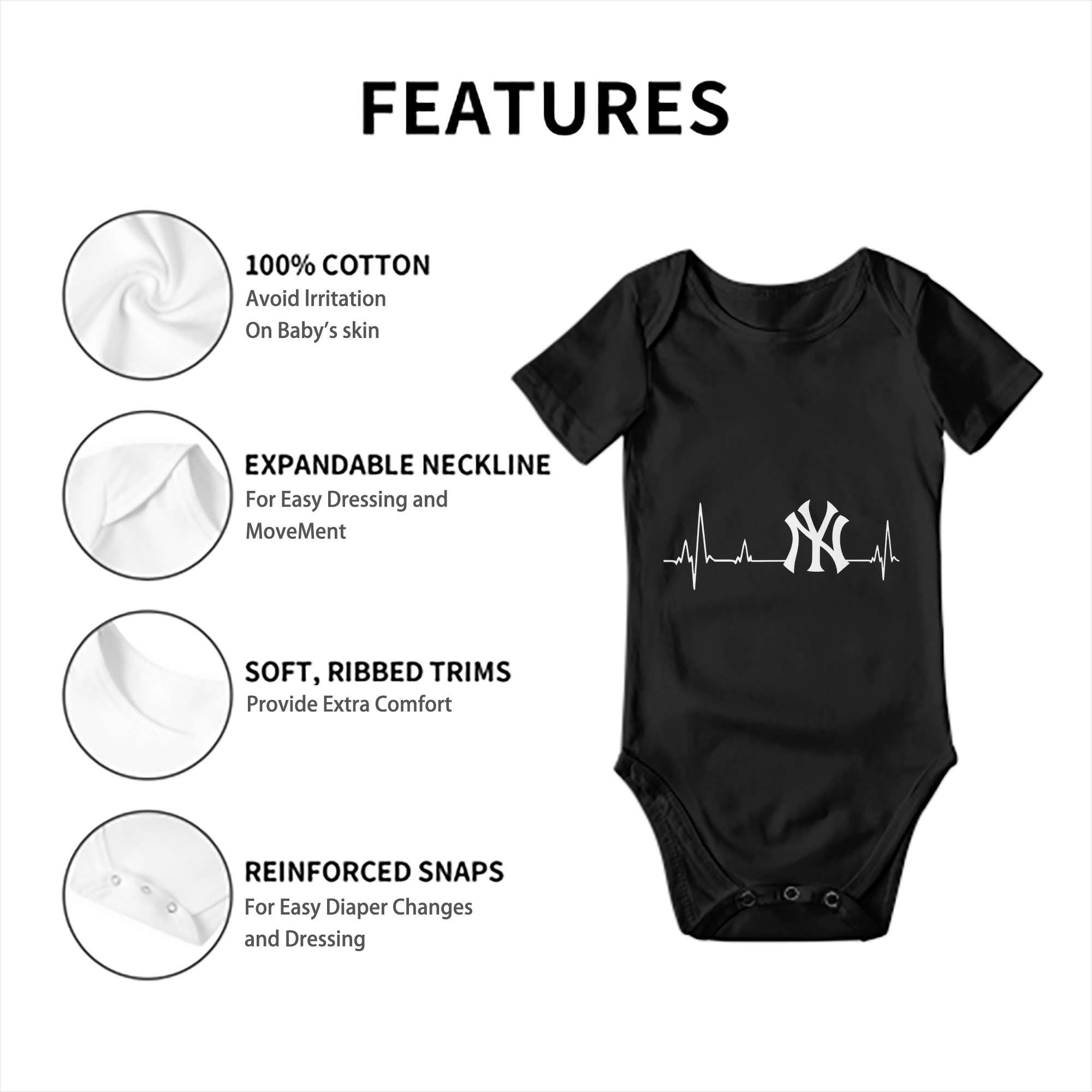New York Yankees EKG Line Baby Short Sleeve Romper – 100% Cotton Soft & Breathable Digital Print Onesie With Easy Snap Closure And Envelope Shoulder – Comfortable For Daily Wear & Travel