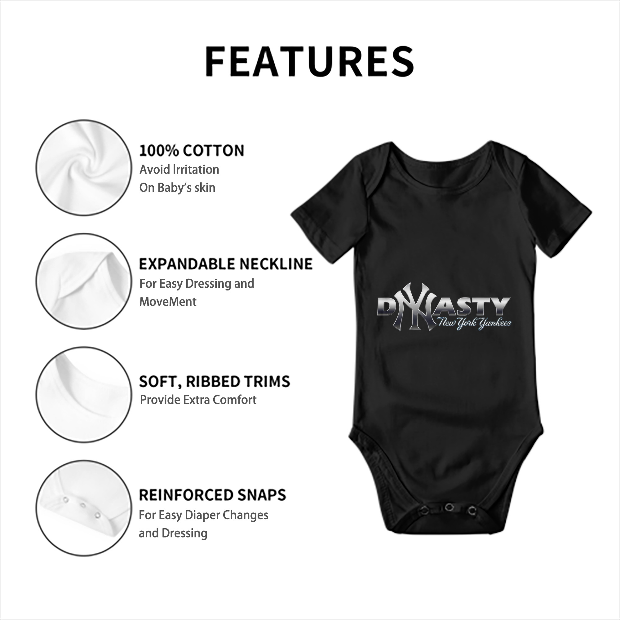 New York Yankees Dyasty Baby Short Sleeve Romper – 100% Cotton Soft & Breathable Digital Print Onesie With Easy Snap Closure And Envelope Shoulder – Comfortable For Daily Wear & Travel