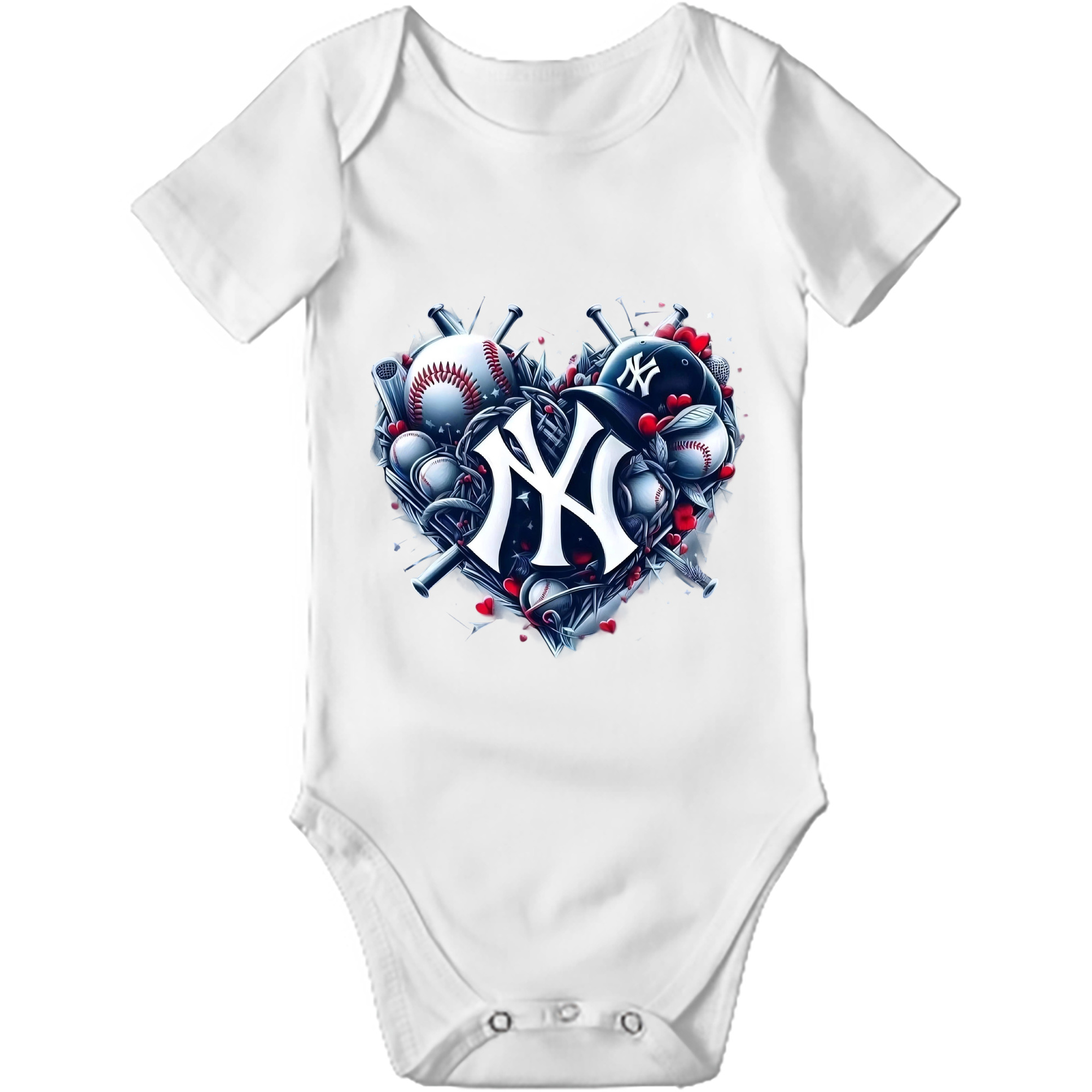 New York Yankees Heart Baby Short Sleeve Romper – 100% Cotton Soft & Breathable Digital Print Onesie With Easy Snap Closure And Envelope Shoulder – Comfortable For Daily Wear & Travel