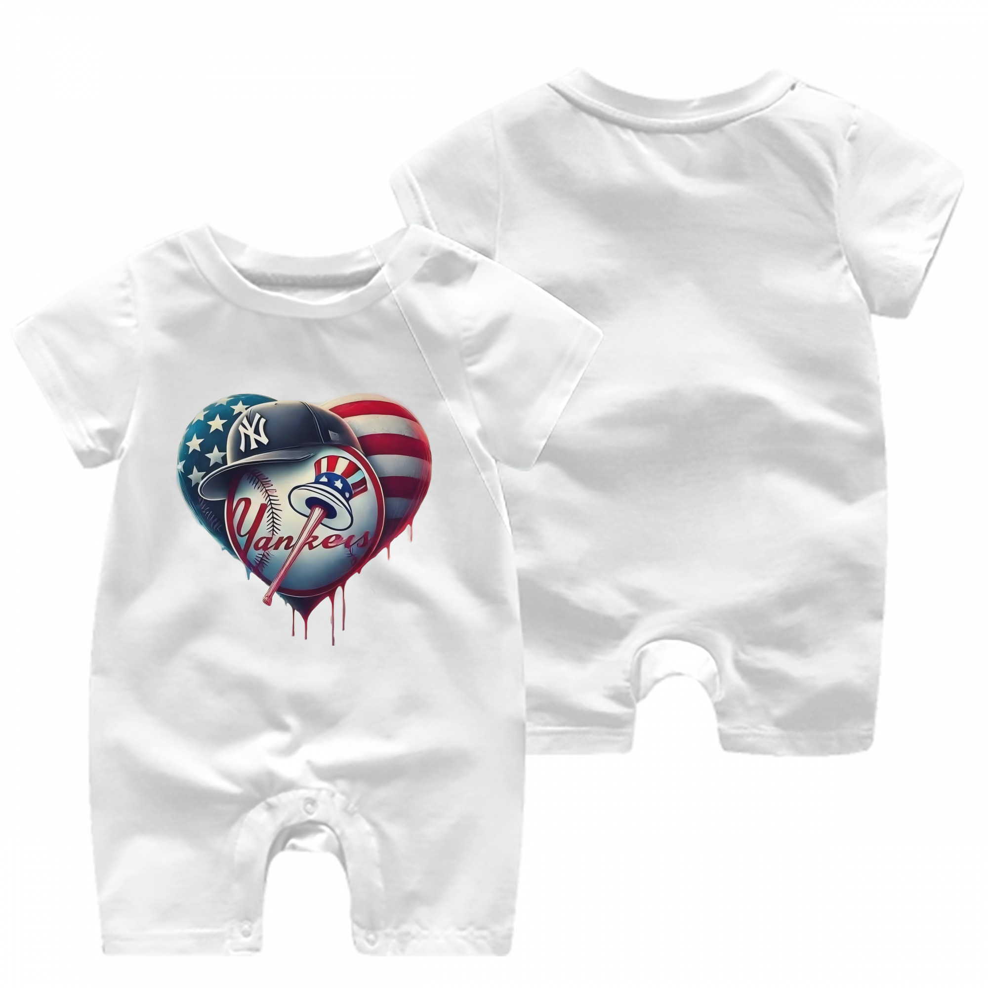 New York Yankees Heart Baby Short Sleeve Onesie – 100% Cotton Soft & Breathable Digital Print Romper – Double-Sided Print, Snap Closure For Easy Diaper Changes – Comfortable For Boys & Girls