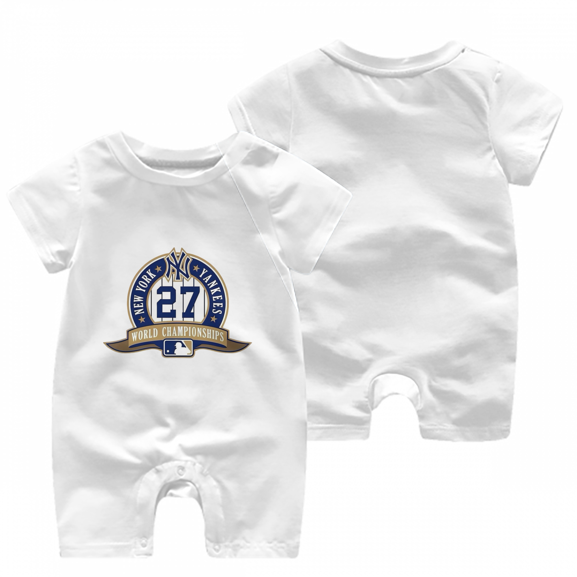 New York Yankees 27 World Championships Baby Short Sleeve Onesie – 100% Cotton Soft & Breathable Digital Print Romper – Double-Sided Print, Snap Closure For Easy Diaper Changes – Comfortable For Boys & Girls