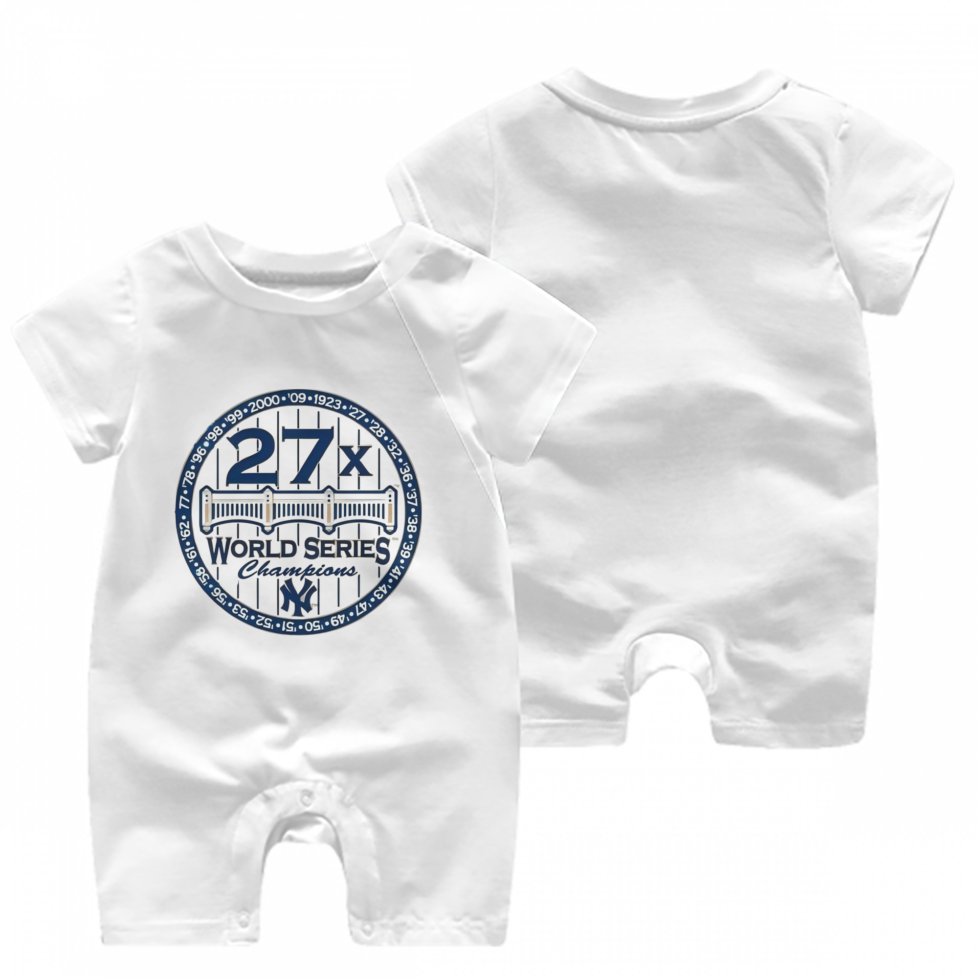New York Yankees 27X WS Champions Baby Short Sleeve Onesie – 100% Cotton Soft & Breathable Digital Print Romper – Double-Sided Print, Snap Closure For Easy Diaper Changes – Comfortable For Boys & Girls