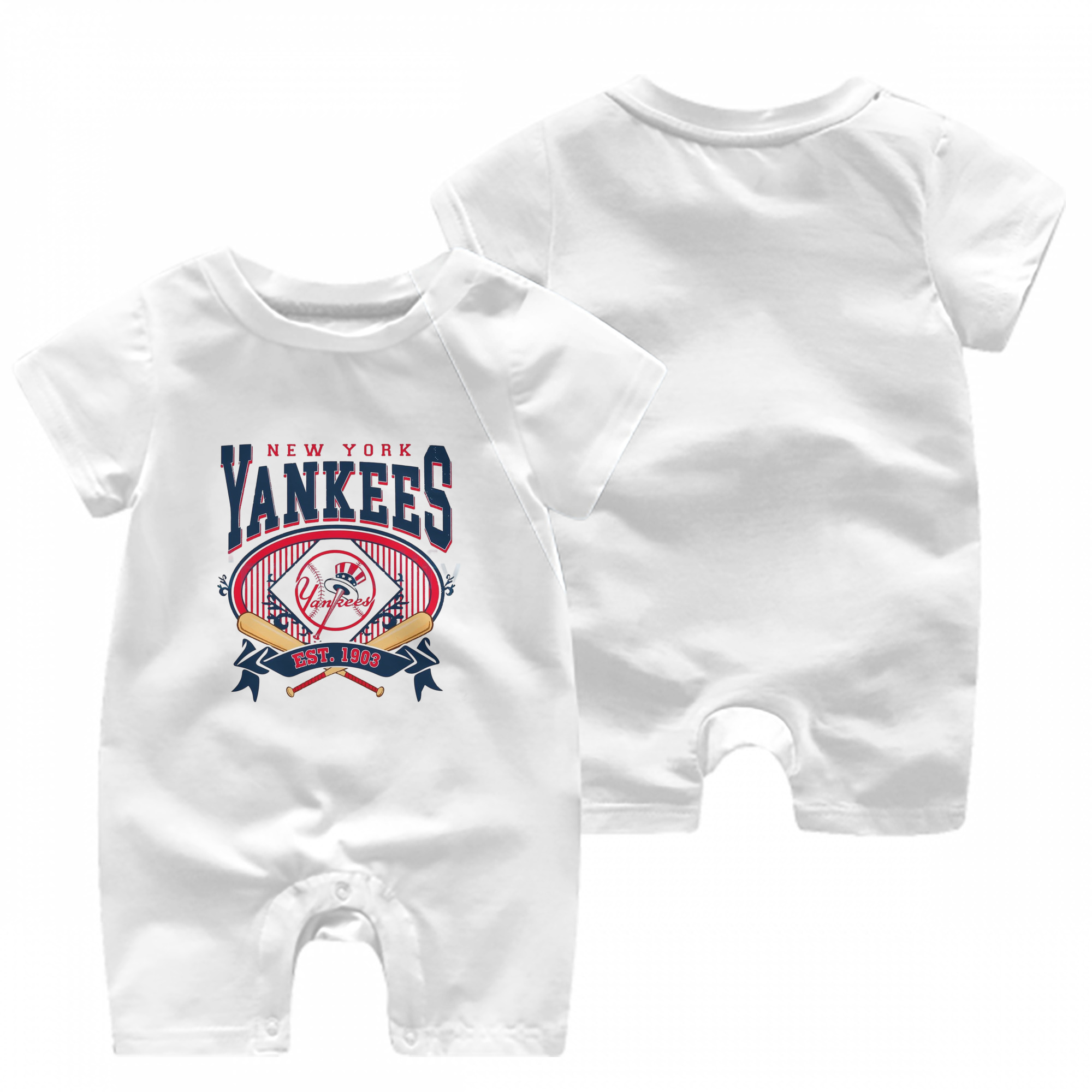 New York Yankees Vintage Est.1903 Baby Short Sleeve Onesie – 100% Cotton Soft & Breathable Digital Print Romper – Double-Sided Print, Snap Closure For Easy Diaper Changes – Comfortable For Boys & Girls