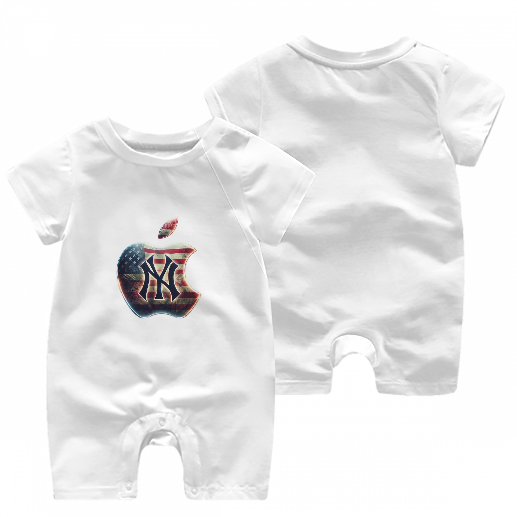 New York Yankees Apple US Flag Baby Short Sleeve Onesie – 100% Cotton Soft & Breathable Digital Print Romper – Double-Sided Print, Snap Closure For Easy Diaper Changes – Comfortable For Boys & Girls