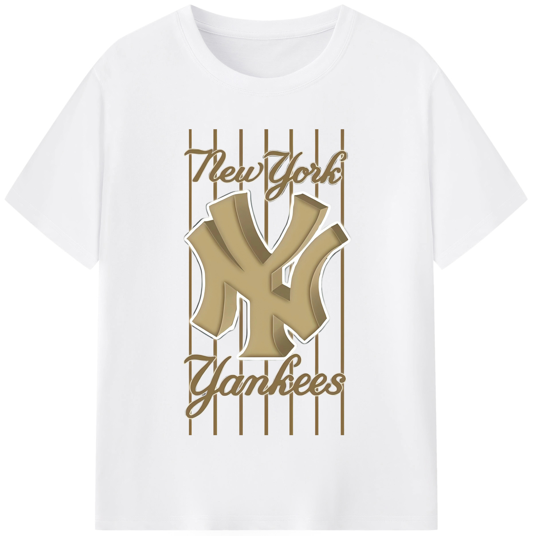 New York Yankees Pinstripe Golden Logo 180g Cotton T-Shirt With Front Heat Transfer Print – Soft, Lightweight, Fitted Design – Comfortable Casual Wear For Sports & Everyday Use