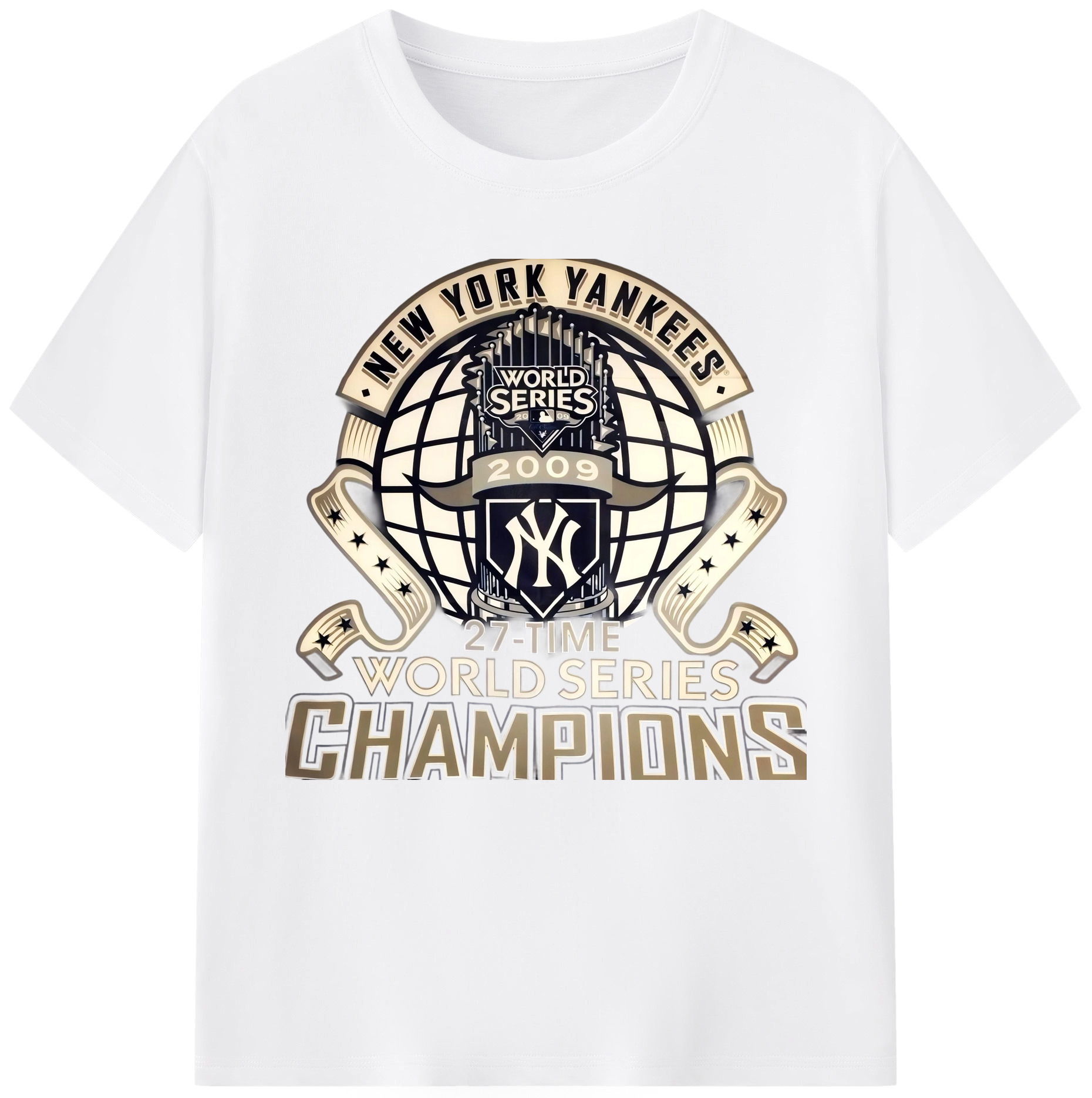 New York Yankees 2009 27th WS Champions Golden 180g Cotton T-Shirt With Front Heat Transfer Print – Soft, Lightweight, Fitted Design – Comfortable Casual Wear For Sports & Everyday Use