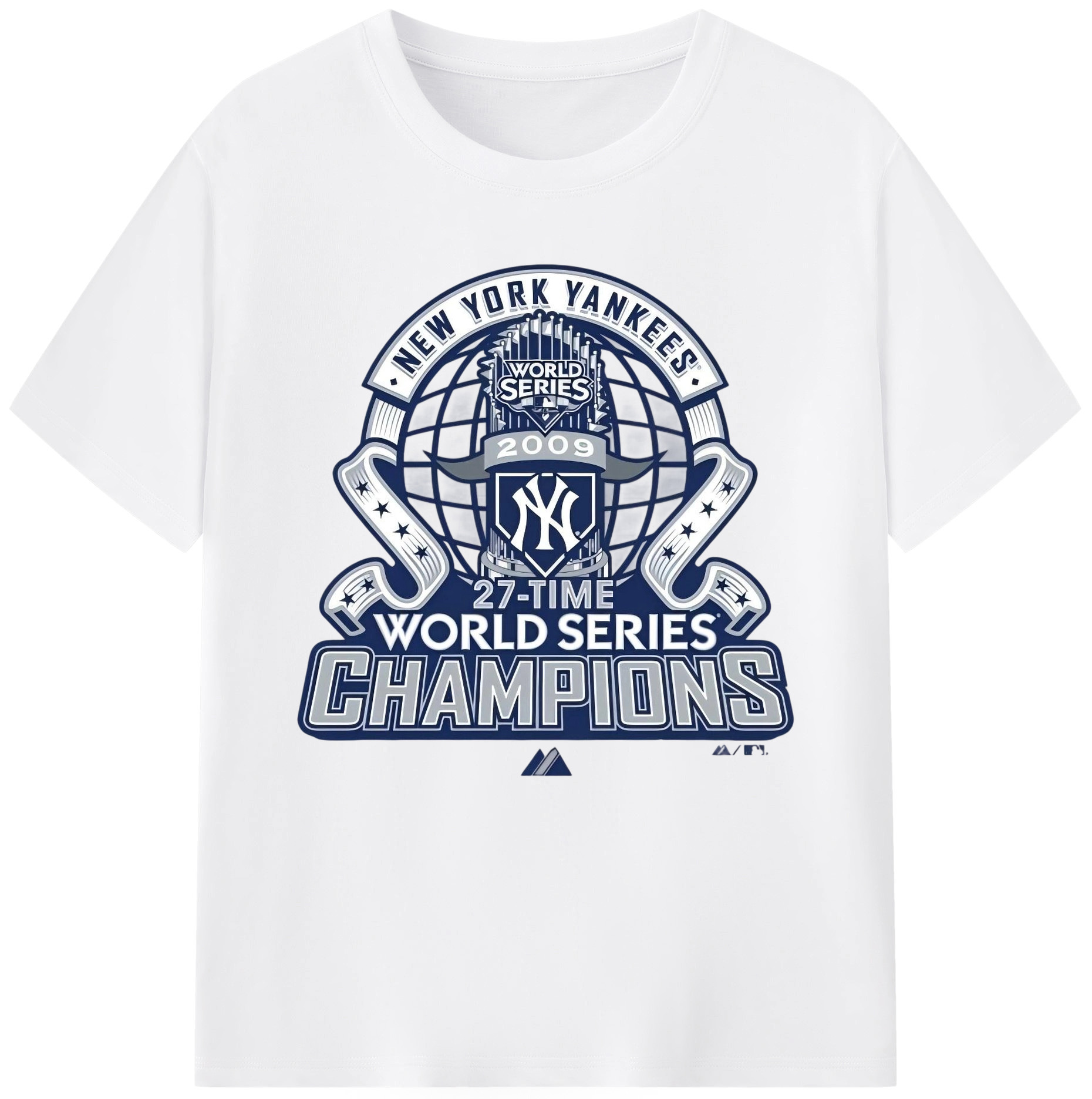 New York Yankees 2009 27th WS Champions Blue 180g Cotton T-Shirt With Front Heat Transfer Print – Soft, Lightweight, Fitted Design – Comfortable Casual Wear For Sports & Everyday Use