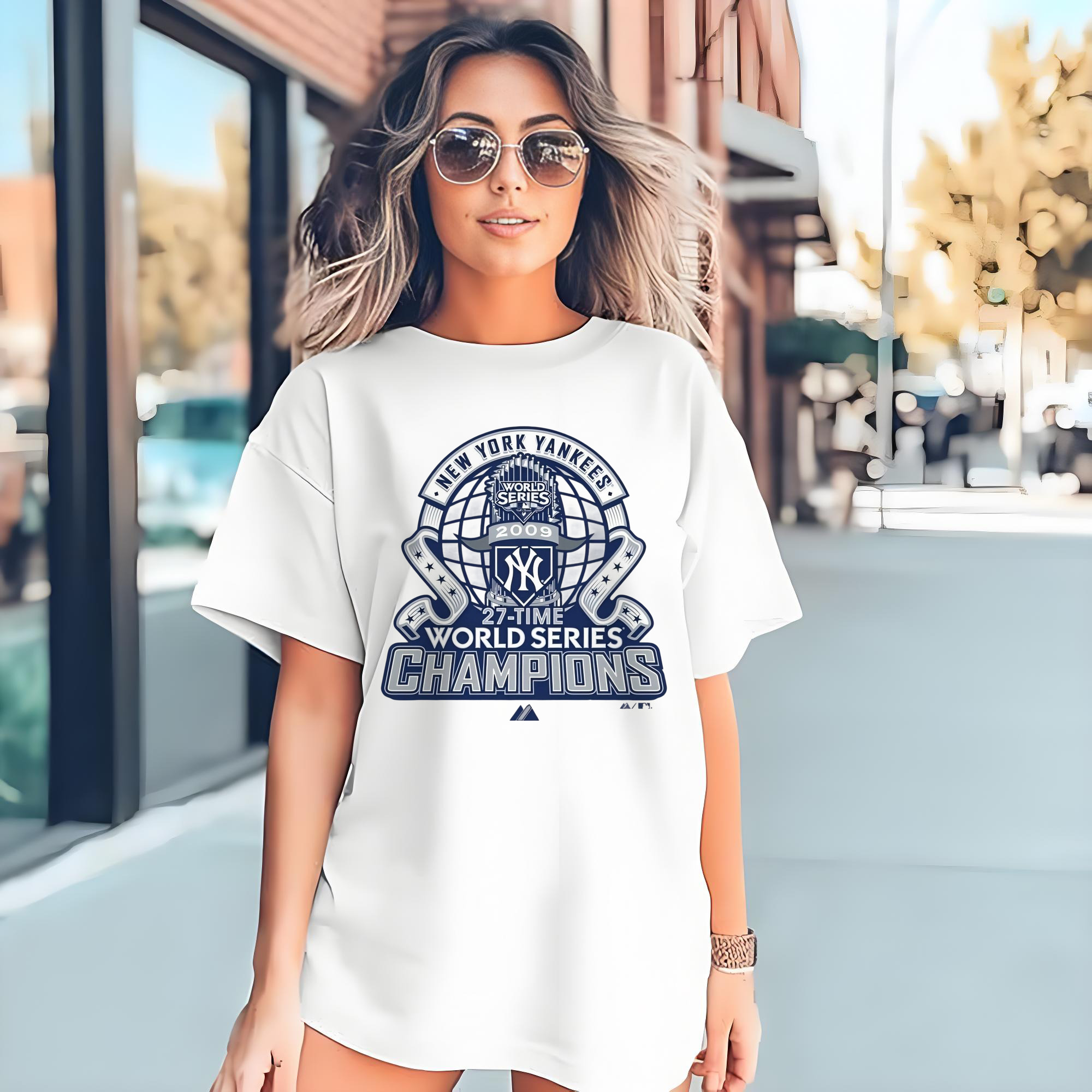 New York Yankees 2009 27th WS Champions Blue 180g Cotton T-Shirt With Front Heat Transfer Print – Soft, Lightweight, Fitted Design – Comfortable Casual Wear For Sports & Everyday Use