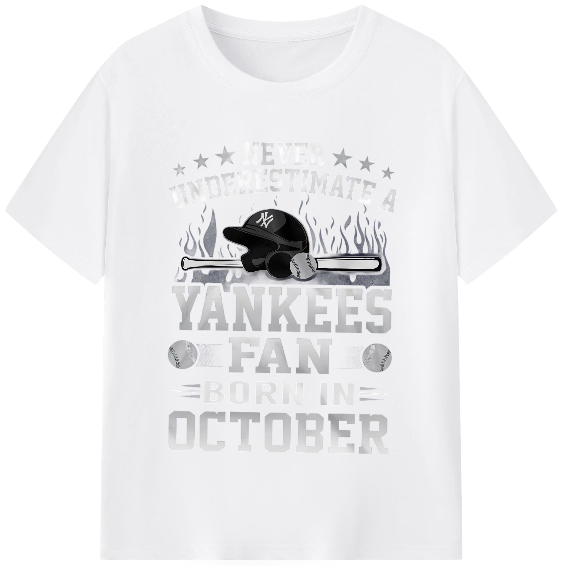 New York Yankees Never Underestimate A Yankees Fan Born in October Combed Cotton T-Shirt 180g With Front Heat Transfer Print – Soft, Lightweight, Fitted Design – Stylish Casual Wear For Sports & Everyday Use