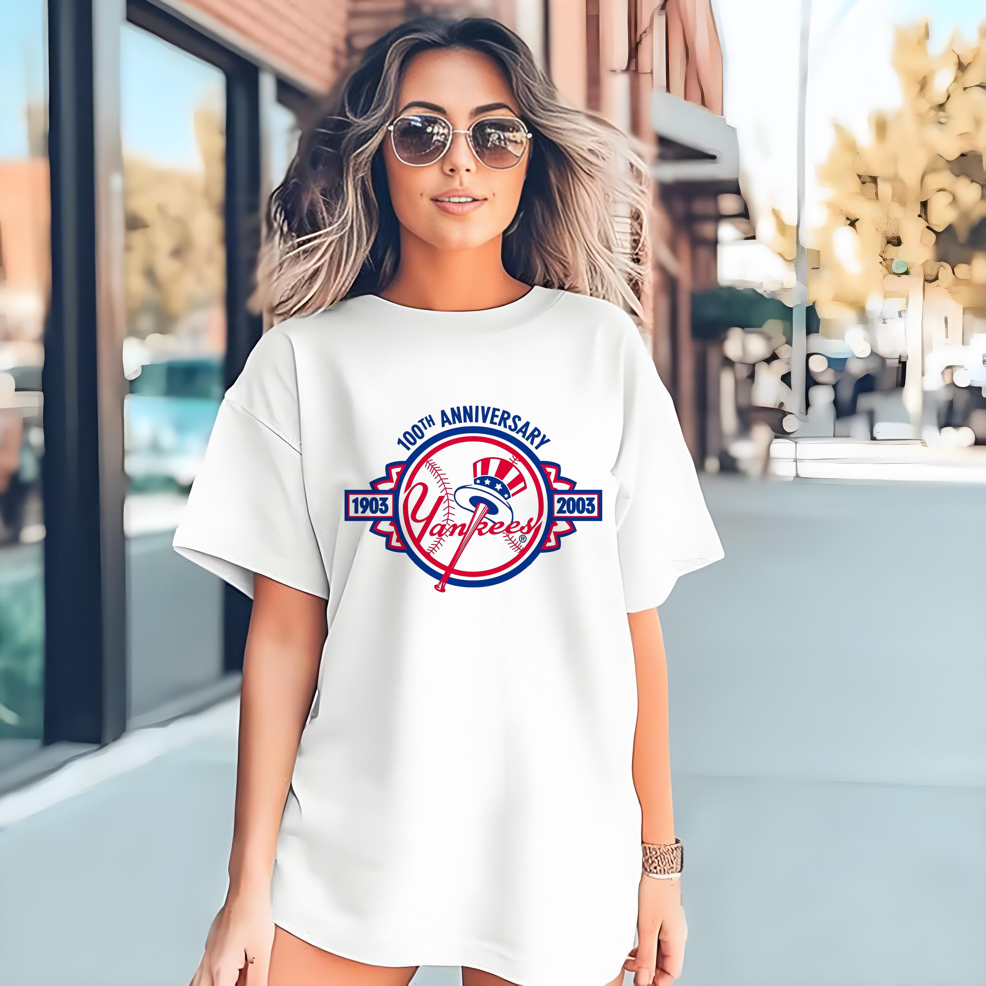 New York Yankees 100th Anniversary 1903-2003 Combed Cotton T-Shirt 180g With Front Heat Transfer Print – Soft, Lightweight, Fitted Design – Stylish Casual Wear For Sports & Everyday Use
