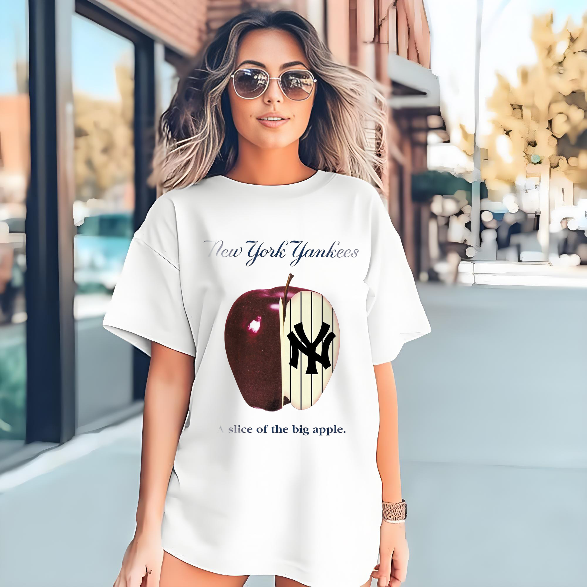 New York Yankees A Slice of The Big Apple Combed Cotton T-Shirt 180g With Front Heat Transfer Print – Soft, Lightweight, Fitted Design – Stylish Casual Wear For Sports & Everyday Use