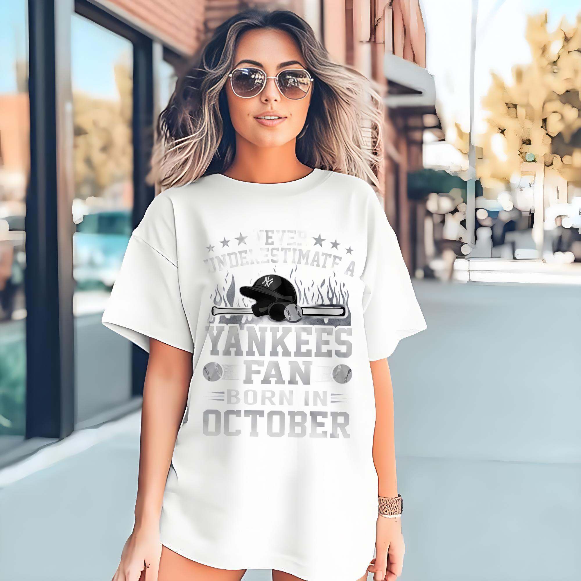 New York Yankees Never Underestimate A Yankees Fan Born in October Combed Cotton T-Shirt 180g With Front Heat Transfer Print – Soft, Lightweight, Fitted Design – Stylish Casual Wear For Sports & Everyday Use