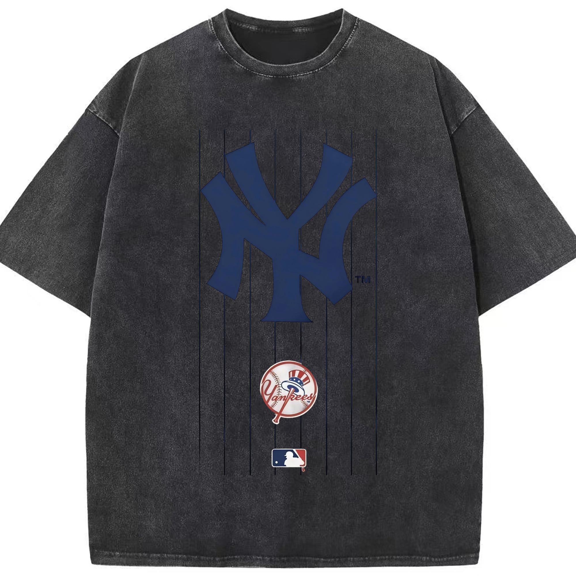 New York Yankees Pinstripe Logo Washed Vintage Look 230g Cotton Oversized T-Shirt With Front Heat Transfer Print – Soft, Lightweight, Stylish Fit – Comfortable Casual Wear For Sports & Everyday Use