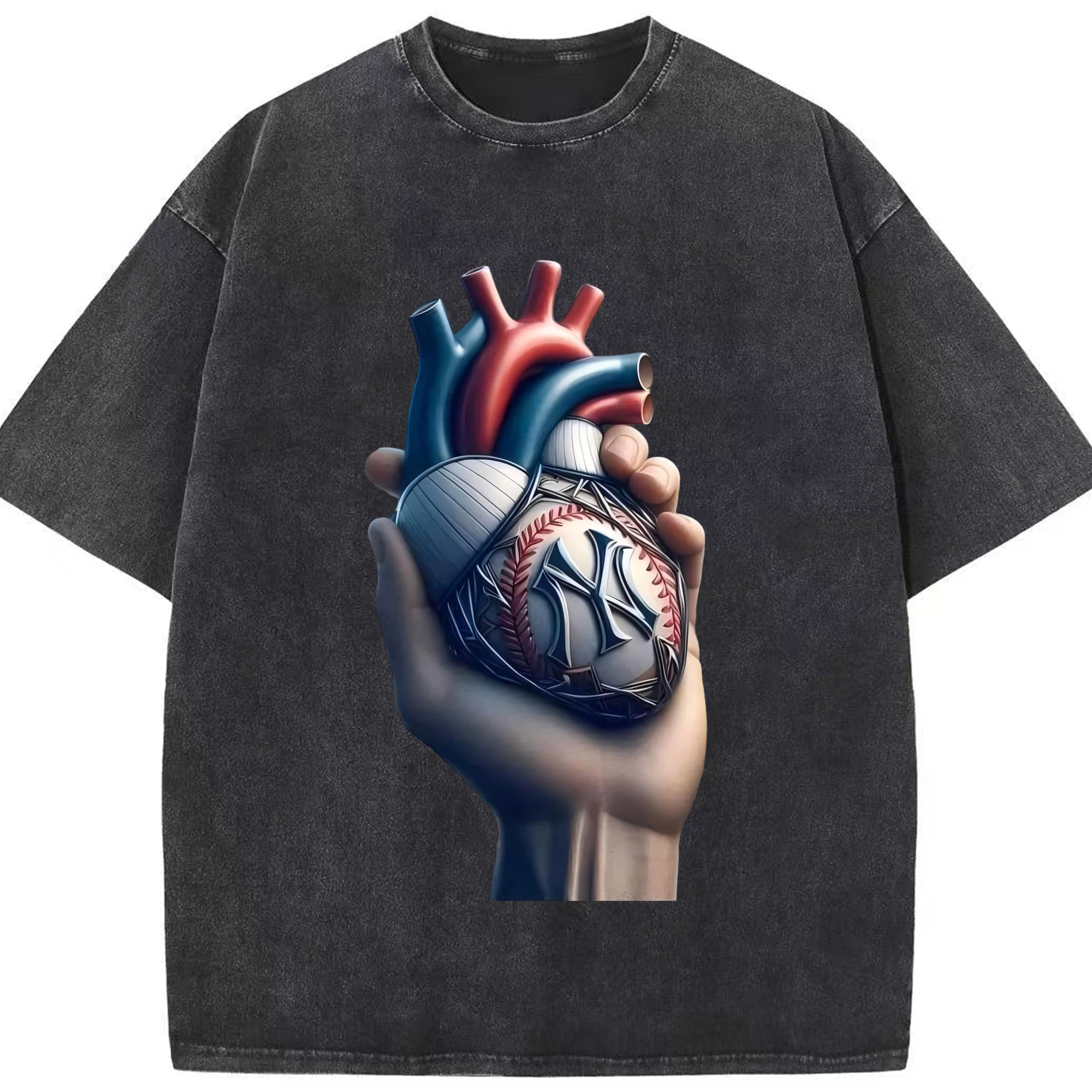 New York Yankees Heart Washed Vintage Look 230g Cotton Oversized T-Shirt With Front Heat Transfer Print – Soft, Lightweight, Stylish Fit – Comfortable Casual Wear For Sports & Everyday Use