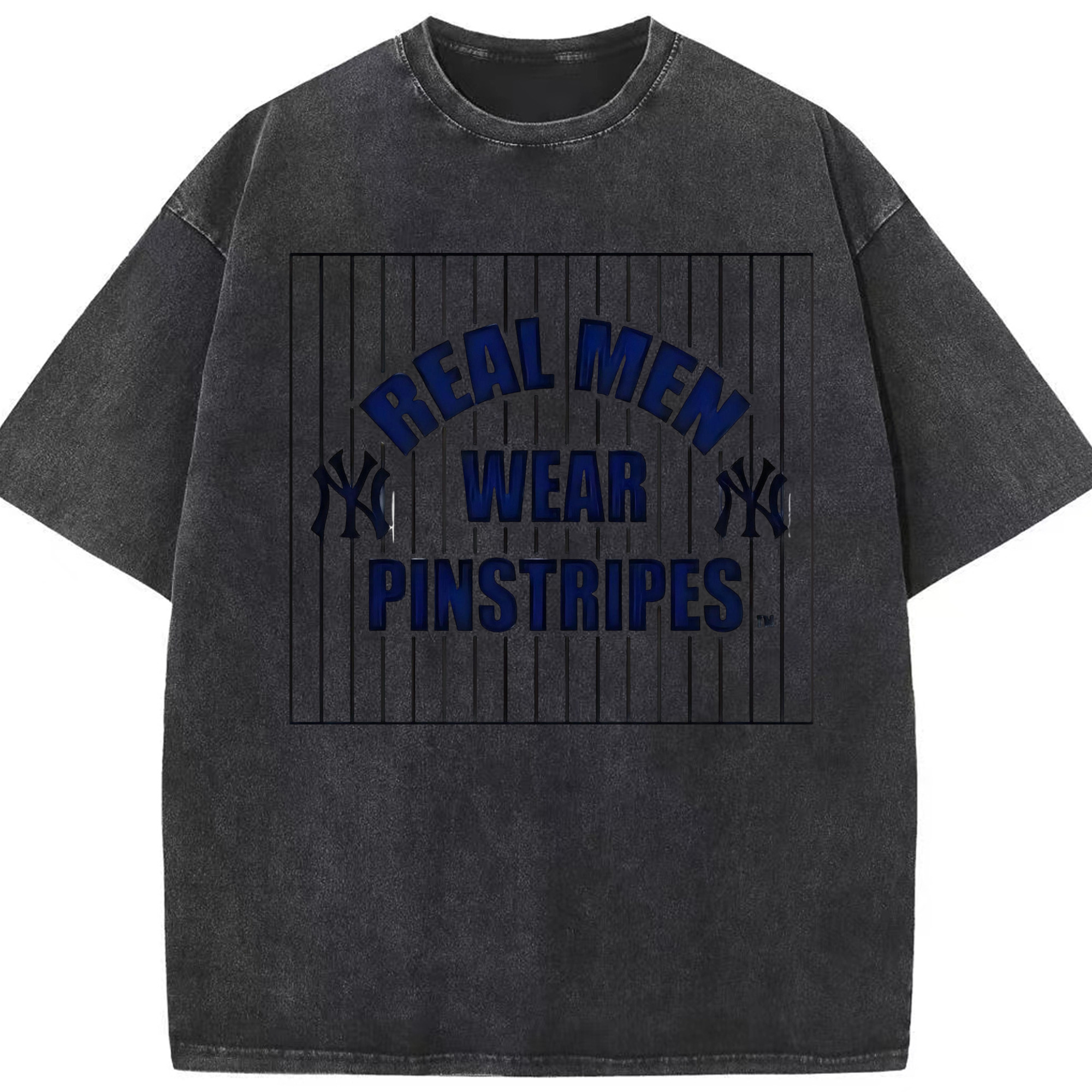 New York Yankees Real Men Wear Pinstripes Washed Vintage Look 230g Cotton Oversized T-Shirt With Front Heat Transfer Print – Soft, Lightweight, Stylish Fit – Comfortable Casual Wear For Sports & Everyday Use