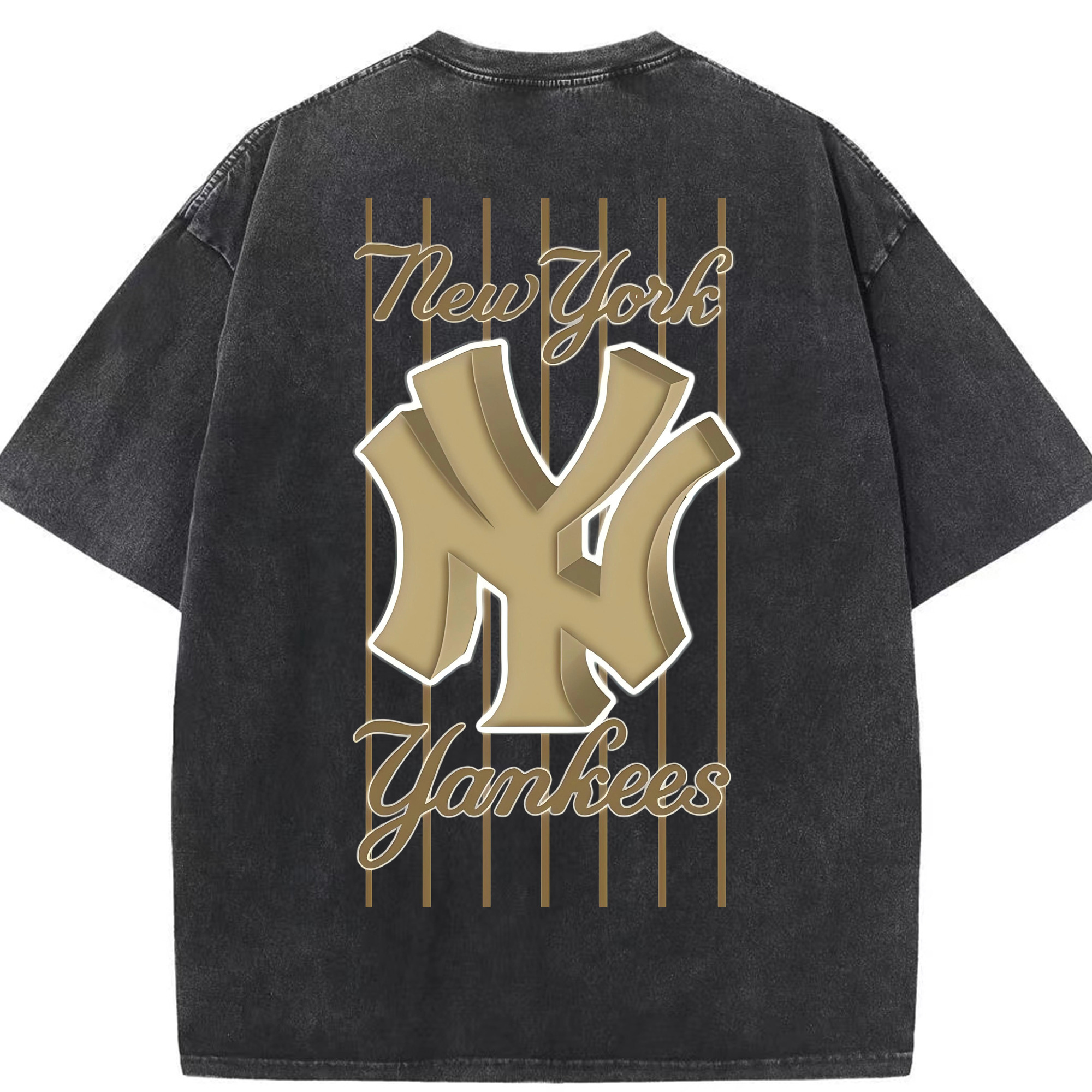 New York Yankees Pinstripe Golden Logo Washed Vintage 230g Cotton Oversized T-Shirt With Back Heat Transfer Print – Soft, Lightweight & Stylish – Comfortable Casual Wear For Sports & Everyday Use