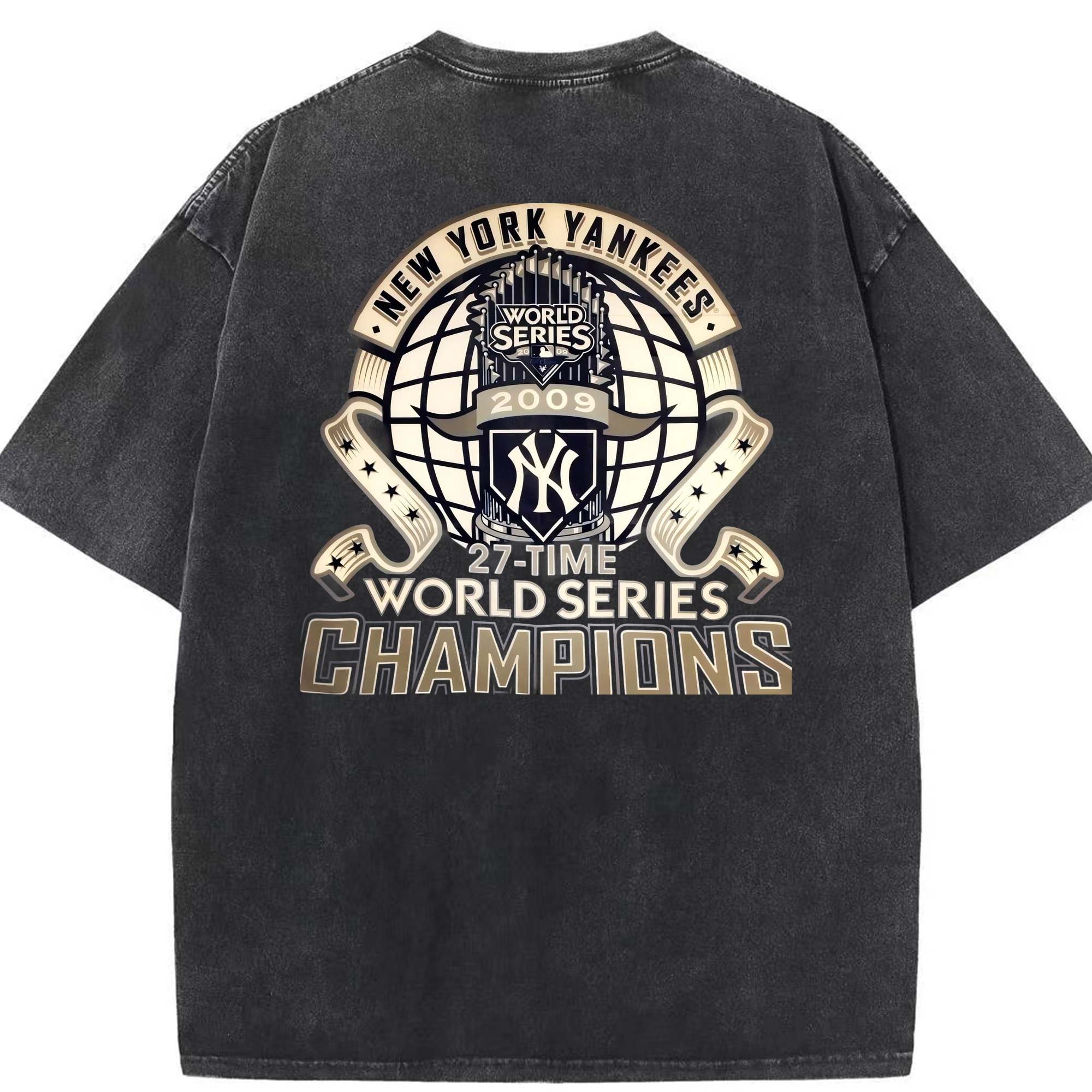 New York Yankees 2009 27th WS Champions Golden Washed Vintage 230g Cotton Oversized T-Shirt With Back Heat Transfer Print – Soft, Lightweight & Stylish – Comfortable Casual Wear For Sports & Everyday Use