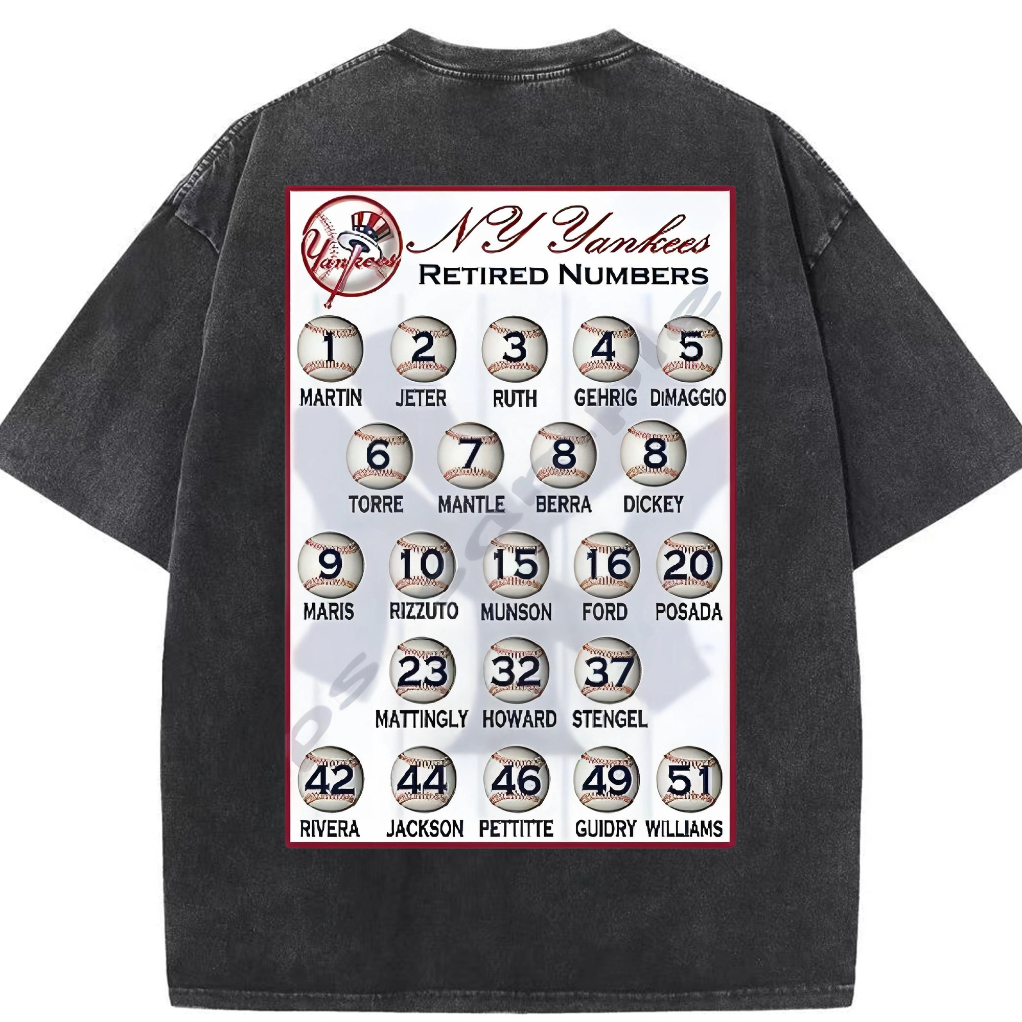 New York Yankees Retired Numbers Washed Vintage 230g Cotton Oversized T-Shirt With Back Heat Transfer Print – Soft, Lightweight & Stylish – Comfortable Casual Wear For Sports & Everyday Use