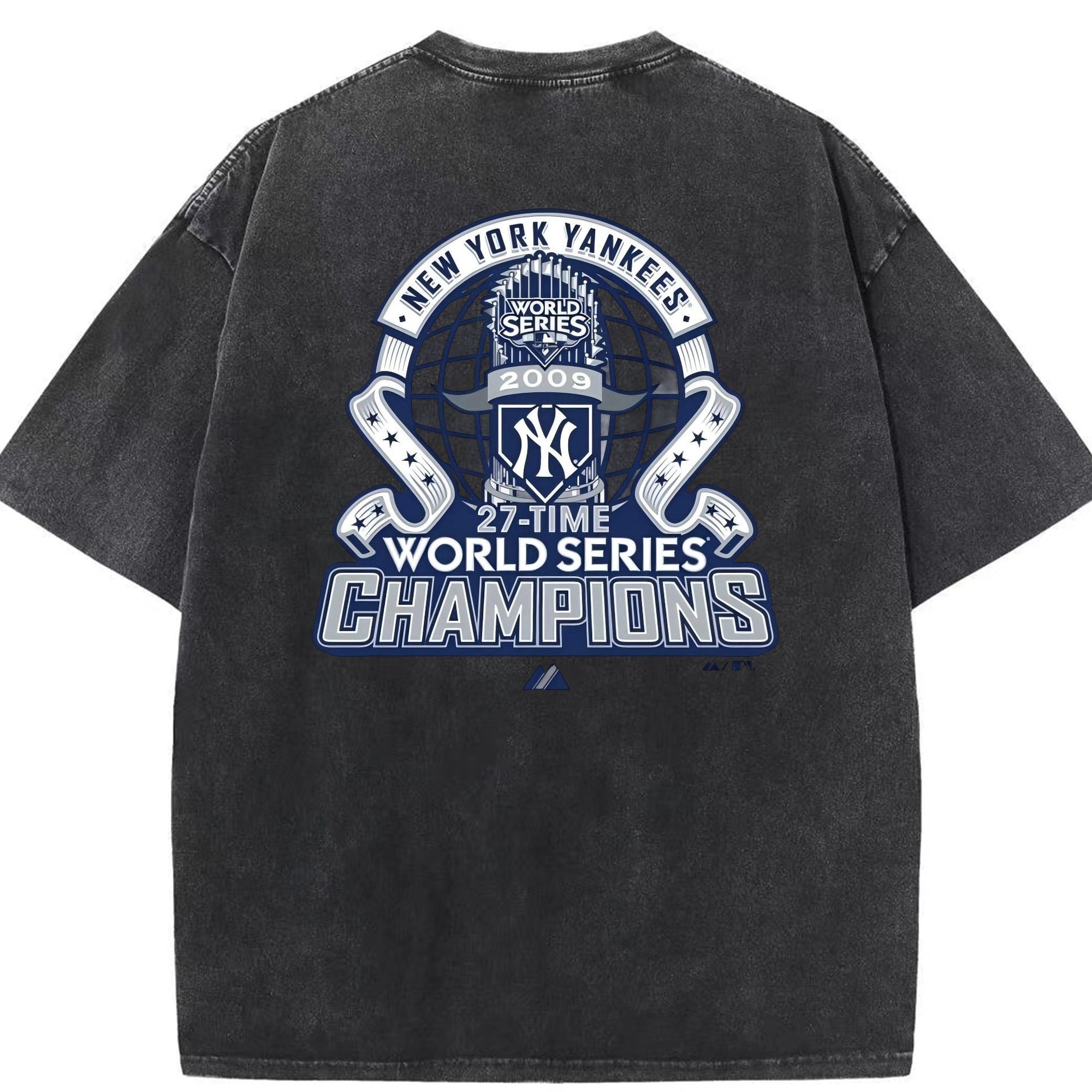 New York Yankees 2009 27th WS Champions Blue Washed Vintage 230g Cotton Oversized T-Shirt With Back Heat Transfer Print – Soft, Lightweight & Stylish – Comfortable Casual Wear For Sports & Everyday Use