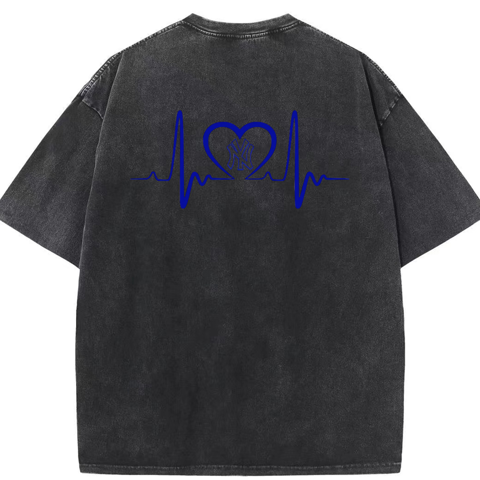 New York Yankees EKG Heart Line Washed Vintage 230g Cotton Oversized T-Shirt With Back Heat Transfer Print – Soft, Lightweight & Stylish – Comfortable Casual Wear For Sports & Everyday Use