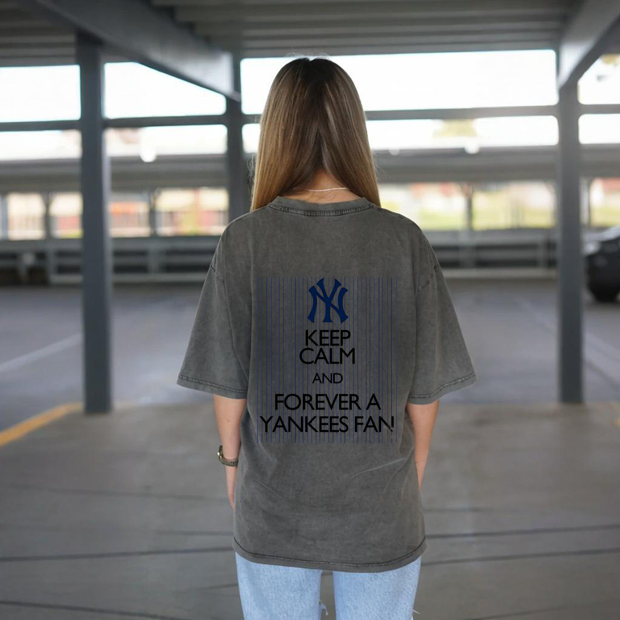 New York Yankees Keep Calm and Forever A Yankees Fan Washed Vintage 230g Cotton Oversized T-Shirt With Back Heat Transfer Print – Soft, Lightweight & Stylish – Comfortable Casual Wear For Sports & Everyday Use