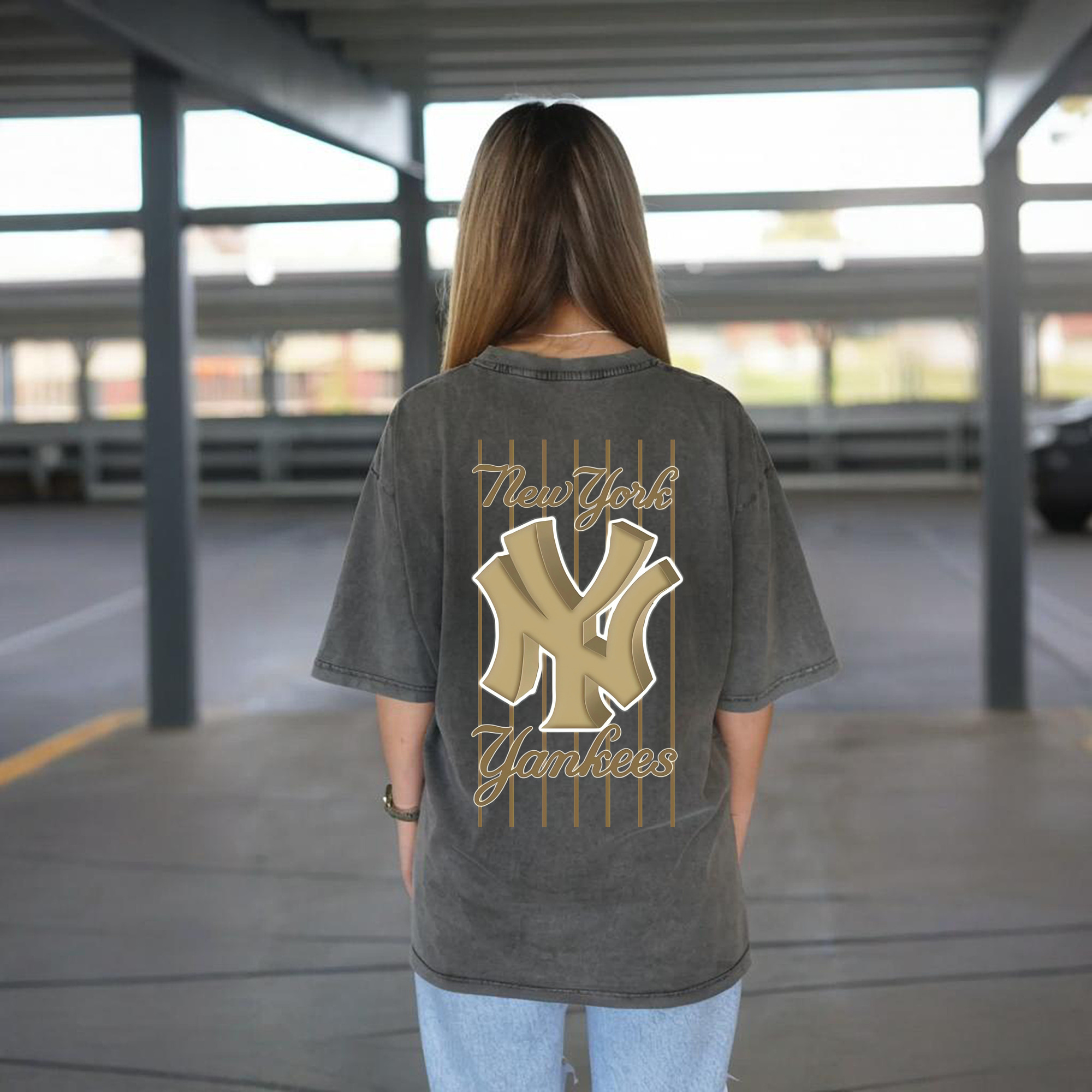 New York Yankees Pinstripe Golden Logo Washed Vintage 230g Cotton Oversized T-Shirt With Back Heat Transfer Print – Soft, Lightweight & Stylish – Comfortable Casual Wear For Sports & Everyday Use