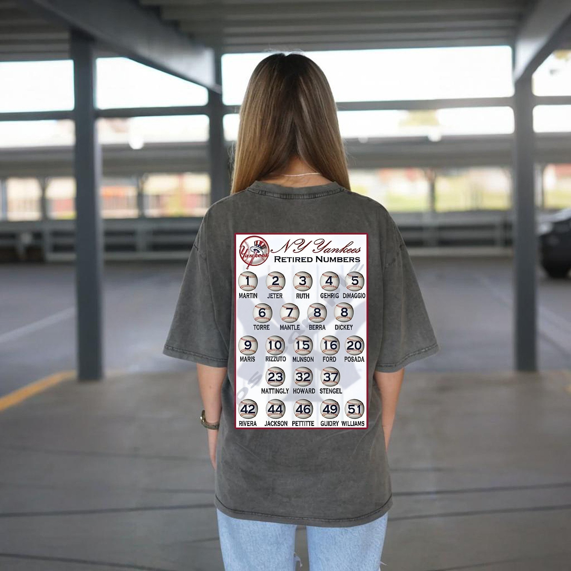 New York Yankees Retired Numbers Washed Vintage 230g Cotton Oversized T-Shirt With Back Heat Transfer Print – Soft, Lightweight & Stylish – Comfortable Casual Wear For Sports & Everyday Use