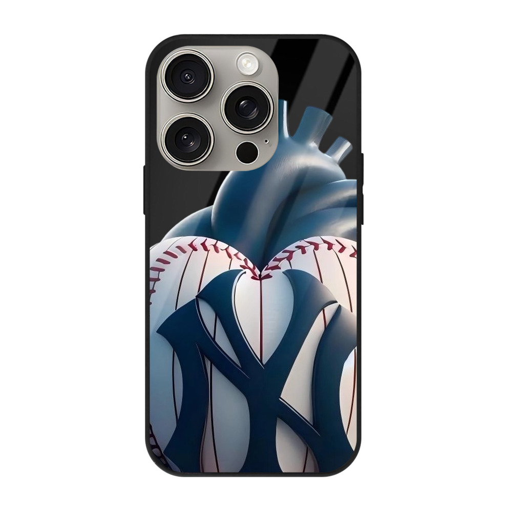 New York Yankees Heart IPhone 15 Pro Mirror Phone Case – UV Printed Glass + TPU – Scratch-Resistant, Wireless Charging Compatible, Precise Fit & Stylish Design