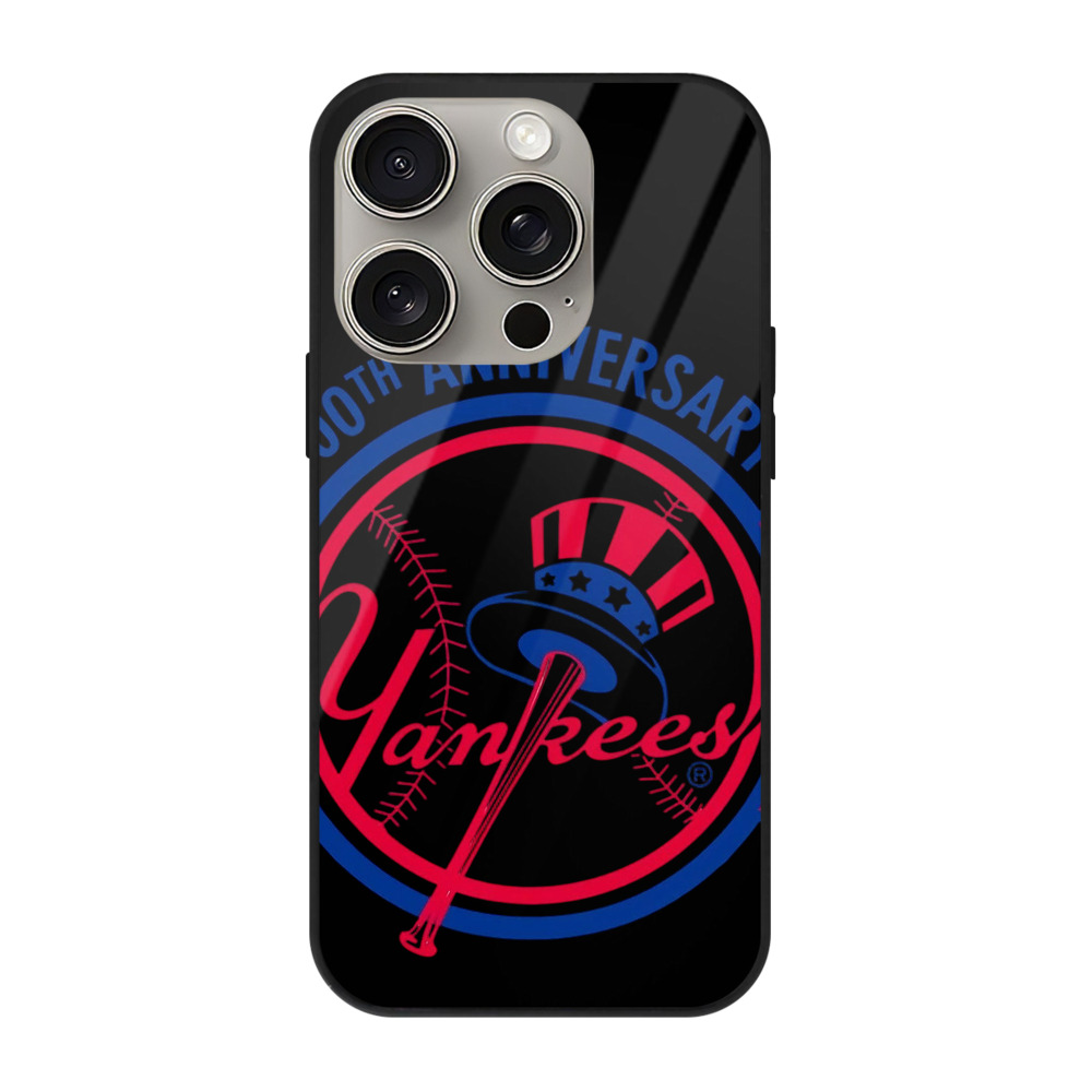 New York Yankees 100th Anniversary 1903-2003 IPhone 15 Pro Mirror Phone Case – UV Printed Glass + TPU – Scratch-Resistant, Wireless Charging Compatible, Precise Fit & Stylish Design