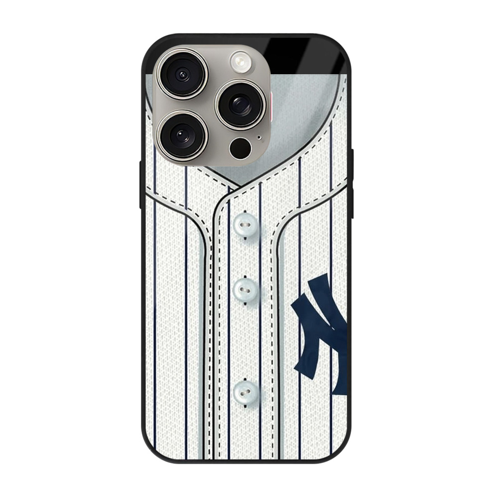 New York Yankees Pinstripe Jersey Background IPhone 15 Pro Mirror Phone Case – UV Printed Glass + TPU – Scratch-Resistant, Wireless Charging Compatible, Precise Fit & Stylish Design