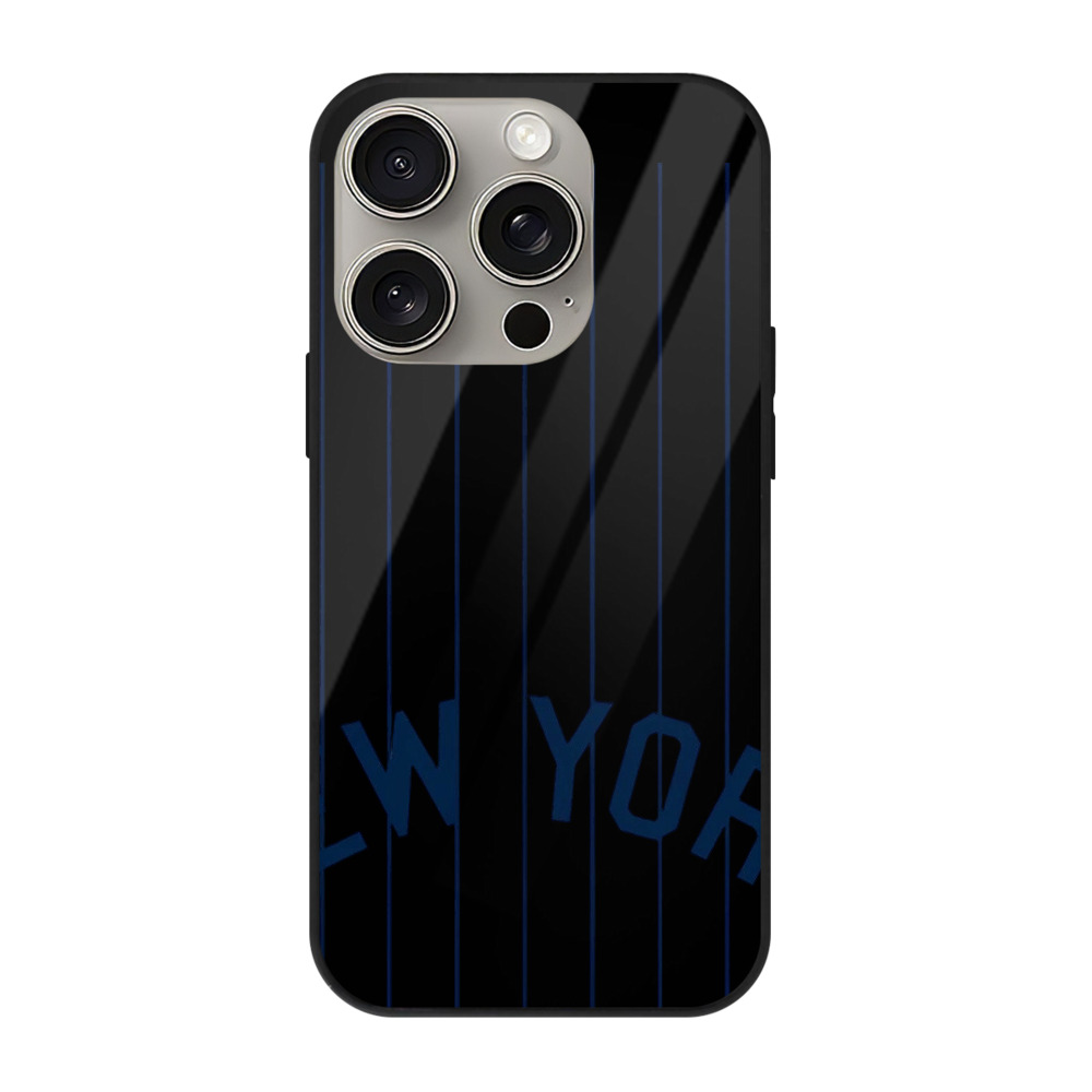 New York Yankees Pinstripe New York IPhone 15 Pro Mirror Phone Case – UV Printed Glass + TPU – Scratch-Resistant, Wireless Charging Compatible, Precise Fit & Stylish Design