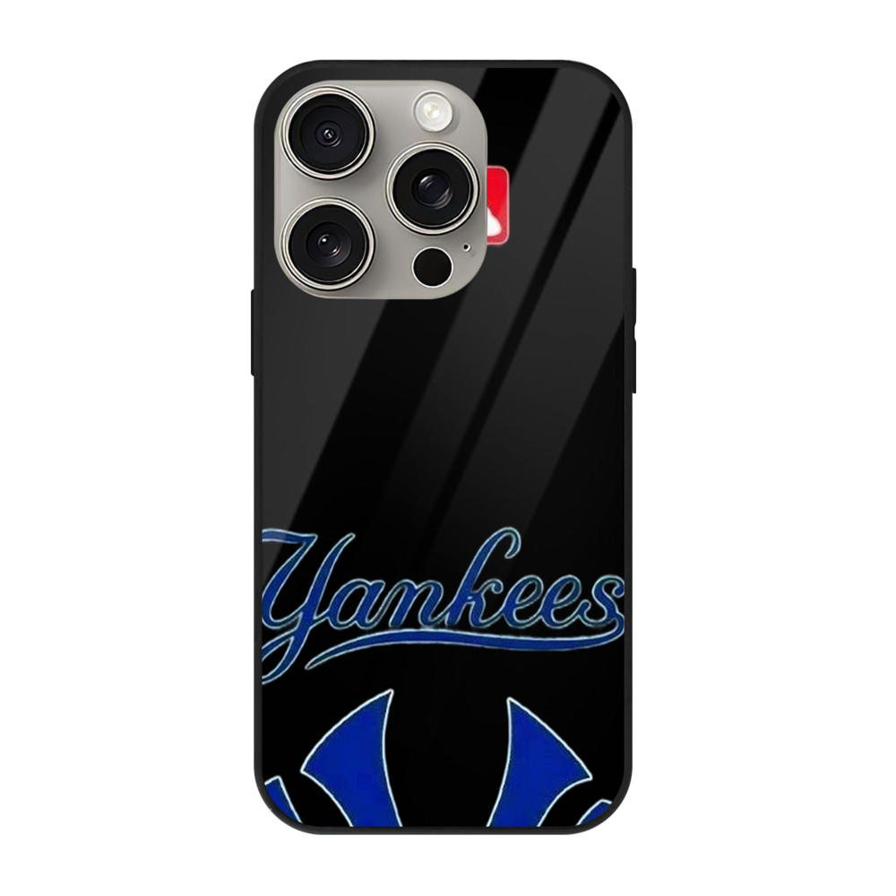 New York Yankees Blue Logo IPhone 15 Pro Mirror Phone Case – UV Printed Glass + TPU – Scratch-Resistant, Wireless Charging Compatible, Precise Fit & Stylish Design