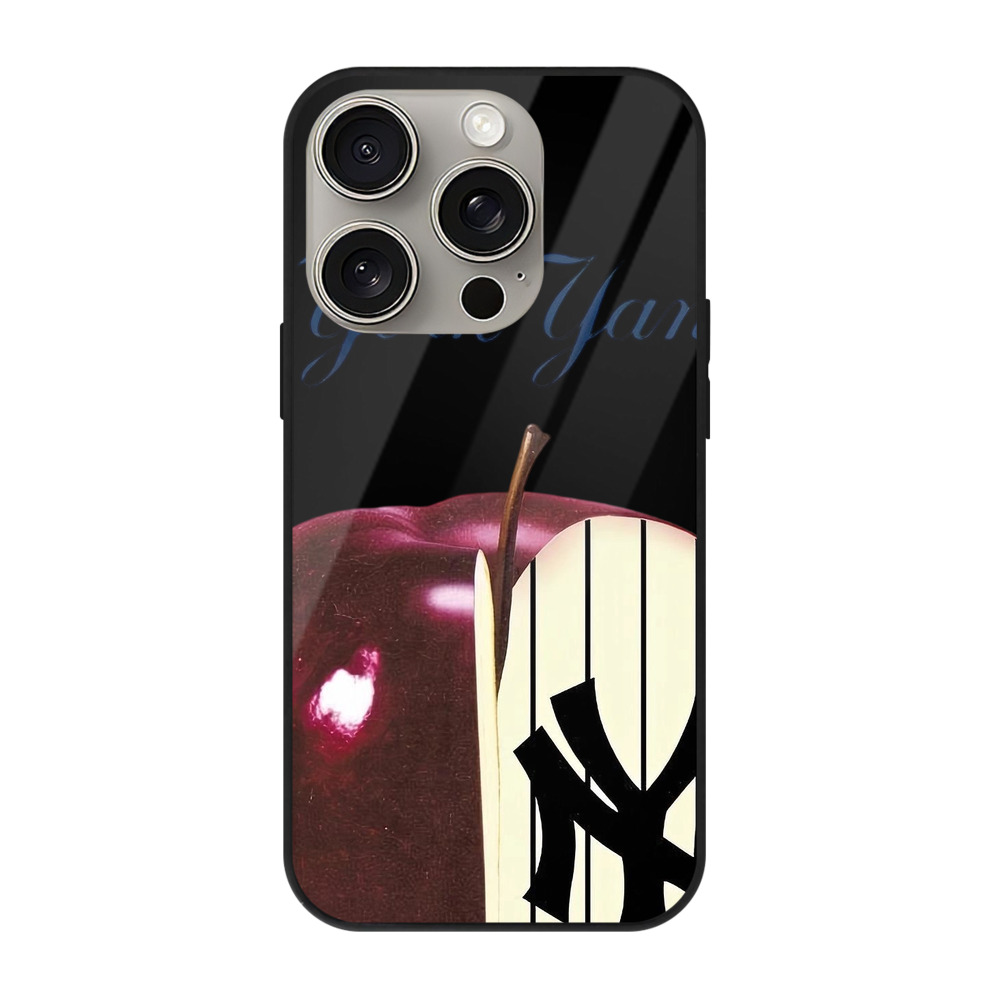 New York Yankees A Slice of The Big Apple IPhone 15 Pro Mirror Phone Case – UV Printed Glass + TPU – Scratch-Resistant, Wireless Charging Compatible, Precise Fit & Stylish Design