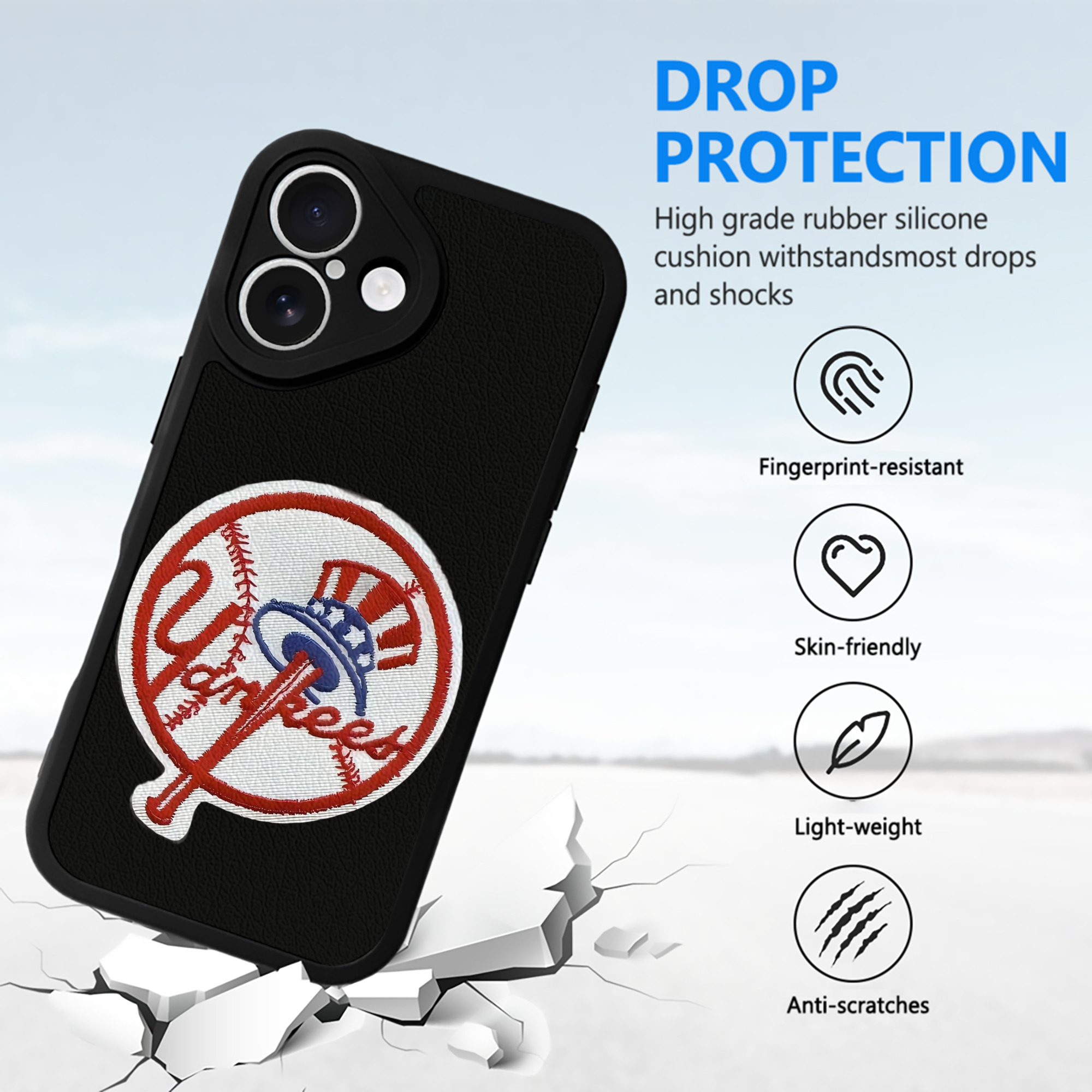 New York Yankees LOGO IPhone 16 Silicone Leather Case – UV Print, Lambskin Texture – Perfect Fit, Wireless Charging Compatible, Scratch Resistant, Precise Cutouts – Stylish Protection For IPhone 16