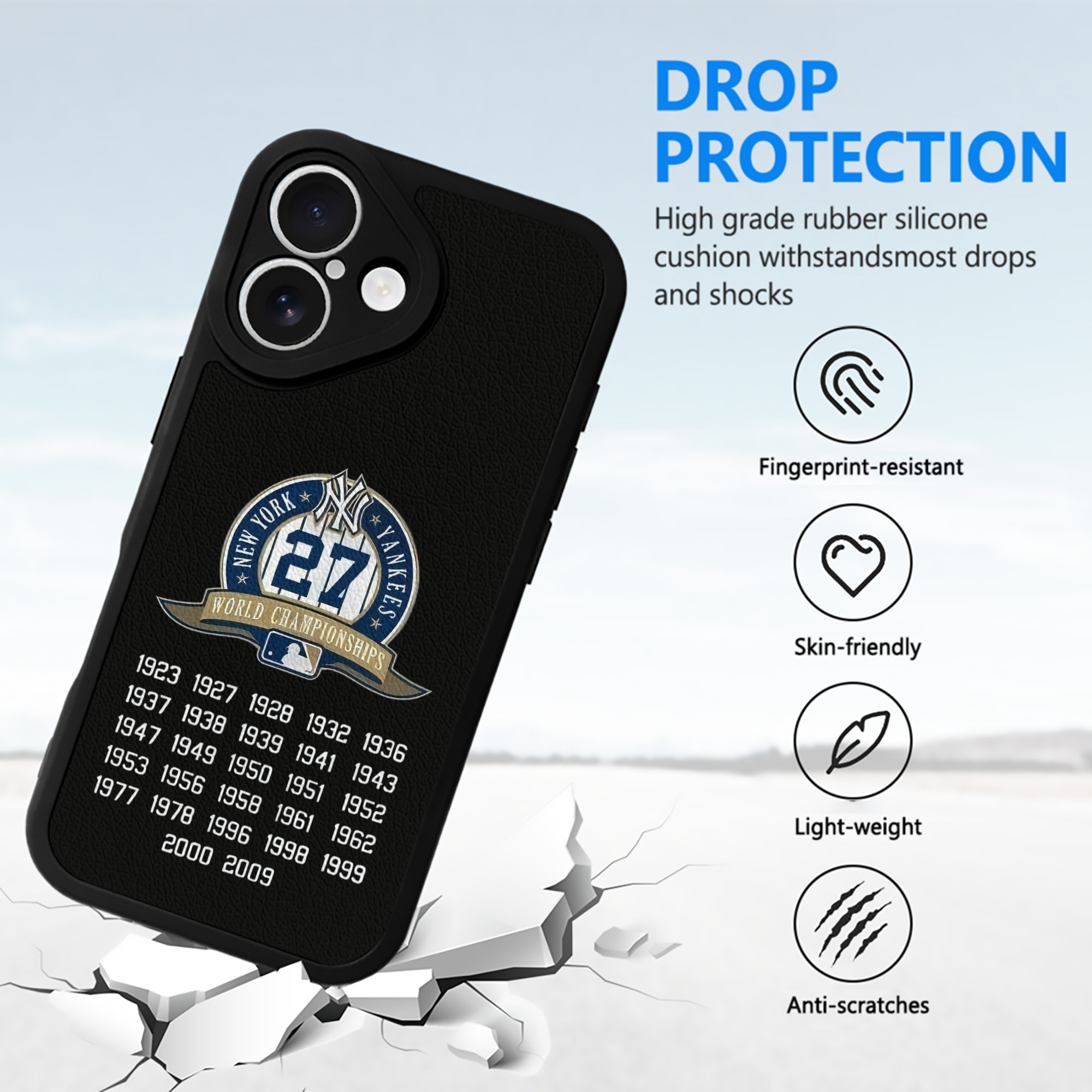 New York Yankees 27 WS Championships IPhone 16 Silicone Leather Case – UV Print, Lambskin Texture – Perfect Fit, Wireless Charging Compatible, Scratch Resistant, Precise Cutouts – Stylish Protection For IPhone 16