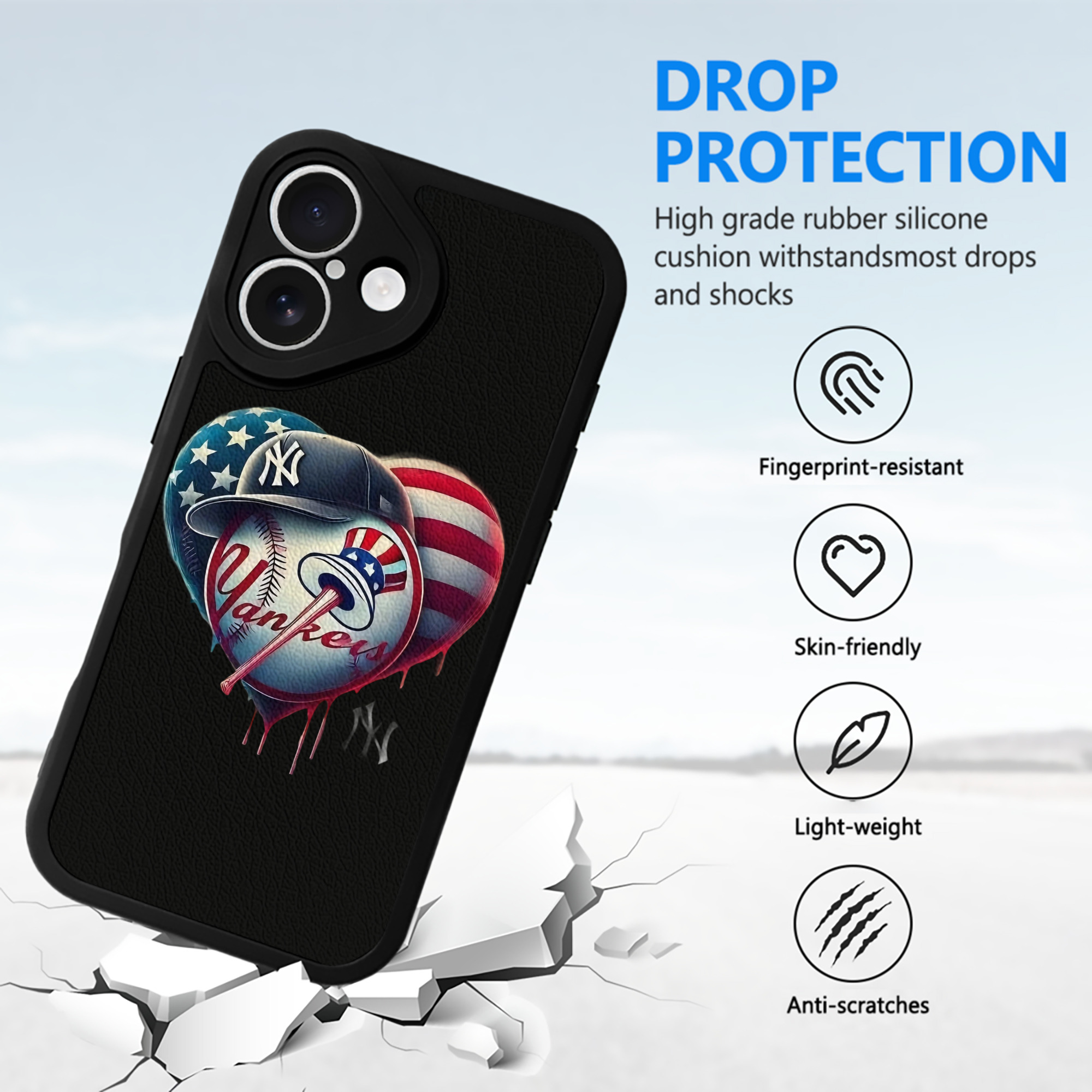 New York Yankees Heart IPhone 16 Silicone Leather Case – UV Print, Lambskin Texture – Perfect Fit, Wireless Charging Compatible, Scratch Resistant, Precise Cutouts – Stylish Protection For IPhone 16